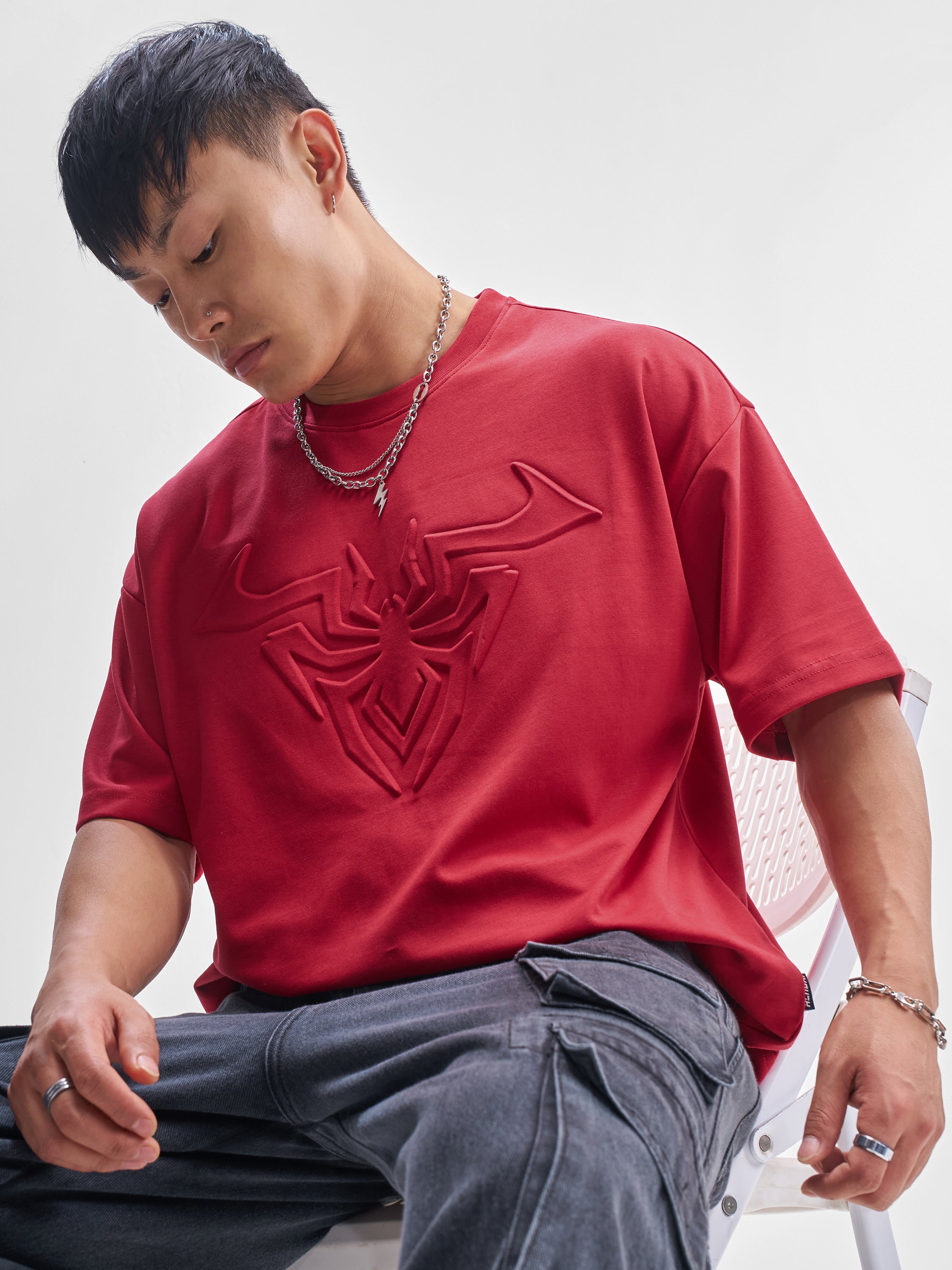 Marvel By Highlander Men Red Spider-Man Self Design Round Neck Oversized Fit T-Shirt - Red - Image 1