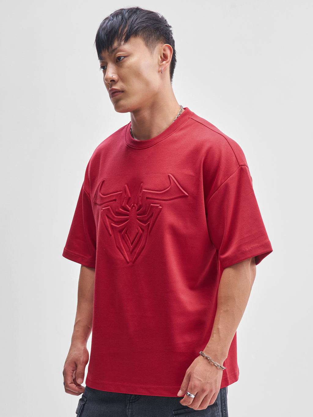 Marvel By Highlander Men Red Spider-Man Self Design Round Neck Oversized Fit T-Shirt - Red - Image 4