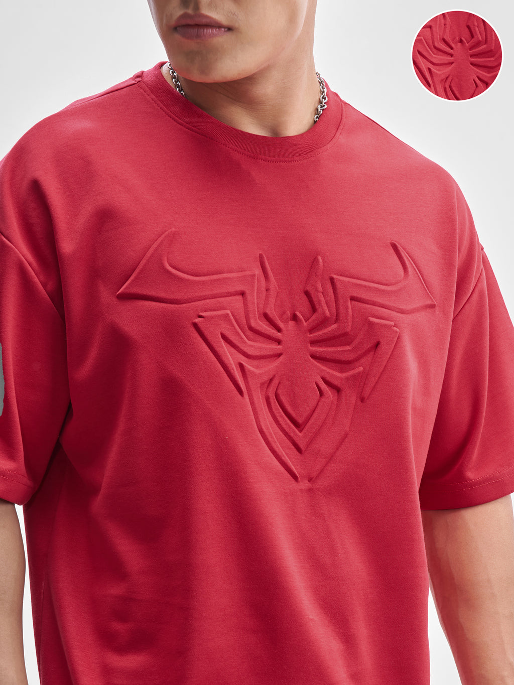 Marvel By Highlander Men Red Spider-Man Self Design Round Neck Oversized Fit T-Shirt - Red - Image 5