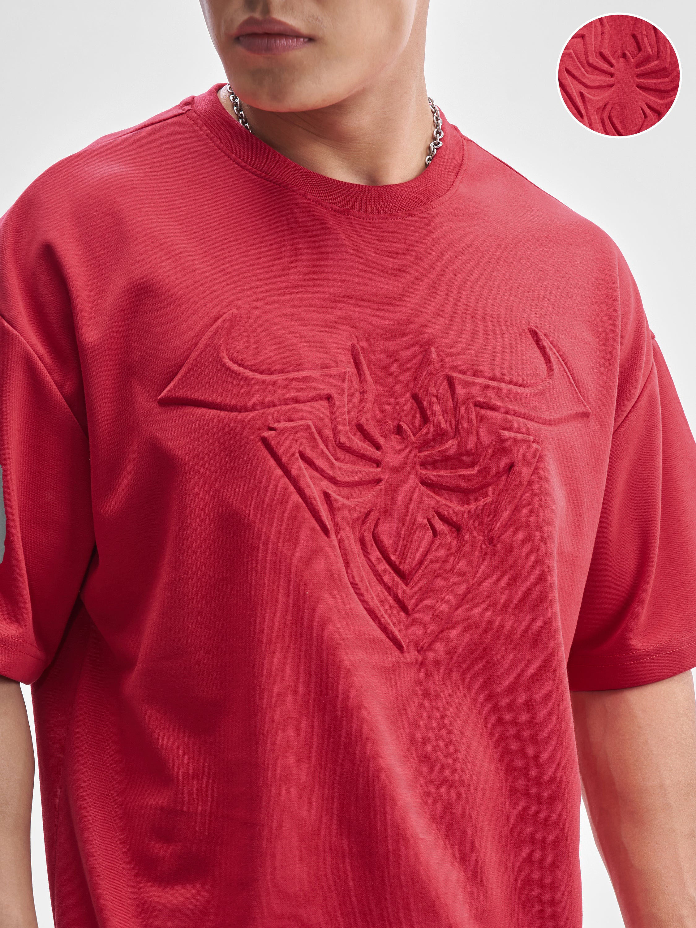 Marvel By Highlander Men Red Spider-Man Self Design Round Neck Oversized Fit T-Shirt - Red - Image 5