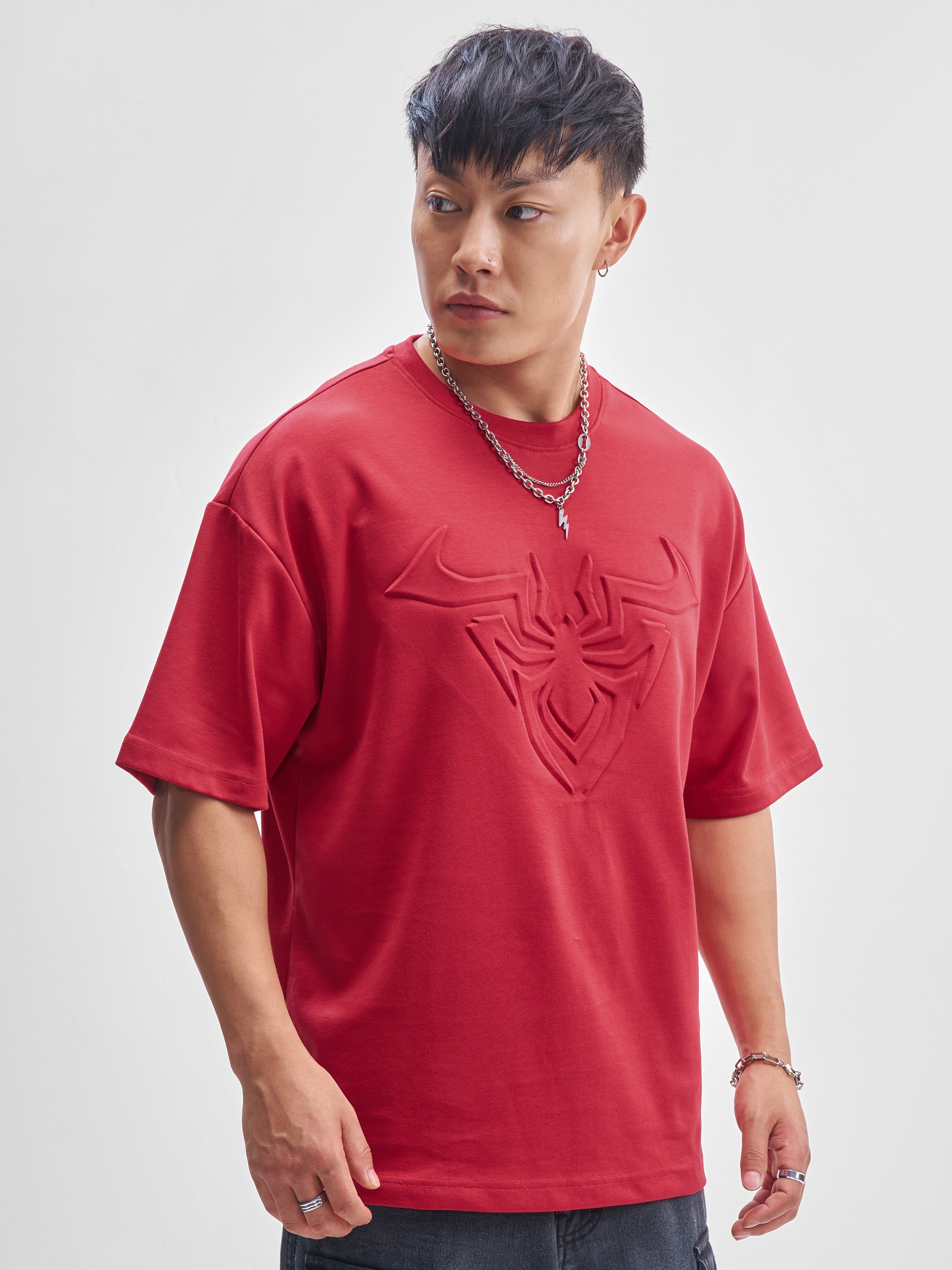 Marvel By Highlander Men Red Spider-Man Self Design Round Neck Oversized Fit T-Shirt - Red - Image 6
