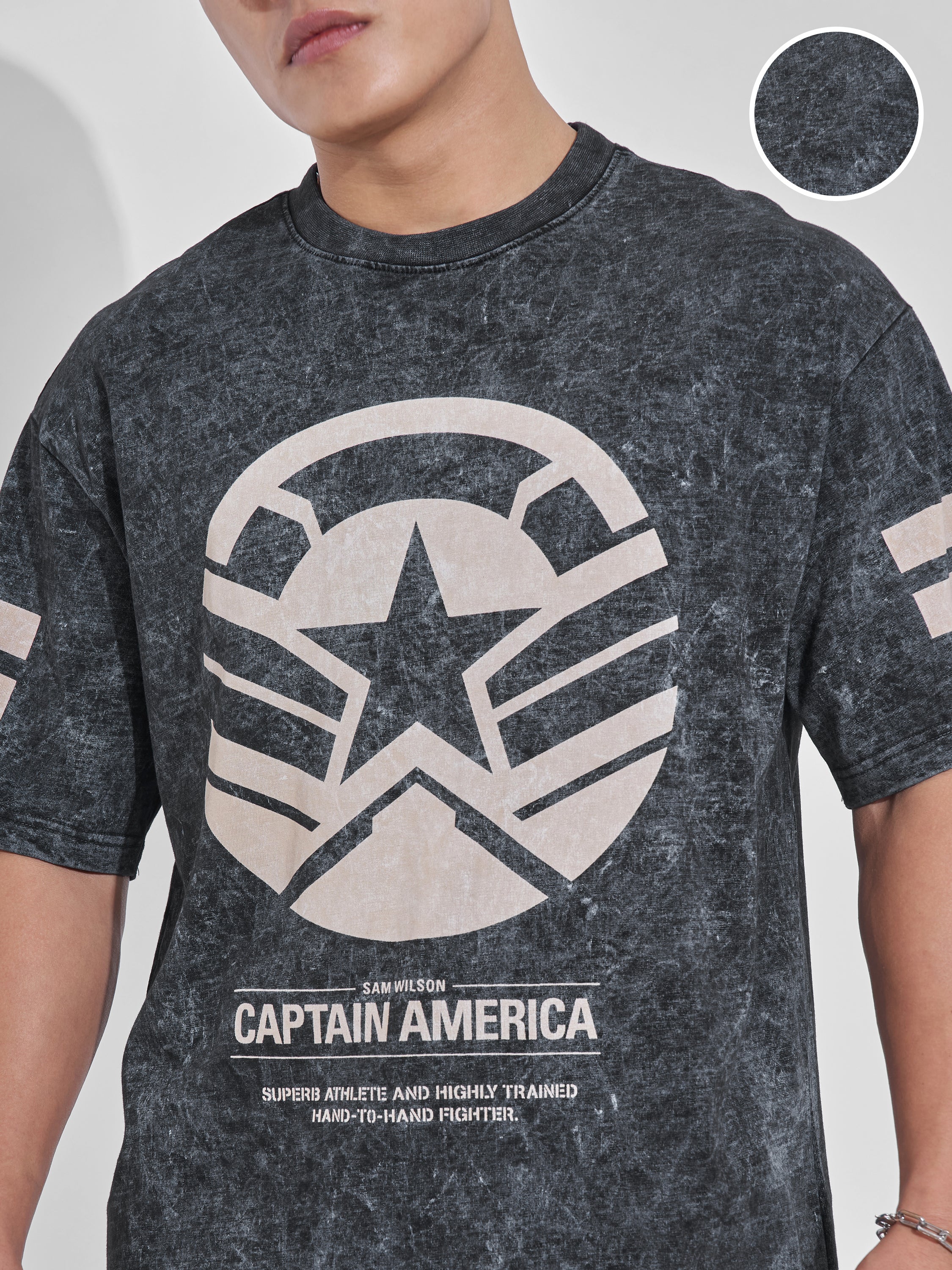 Marvel By Highlander Men Black Captain America Printed Round Neck T-Shirt - Black - Image 5