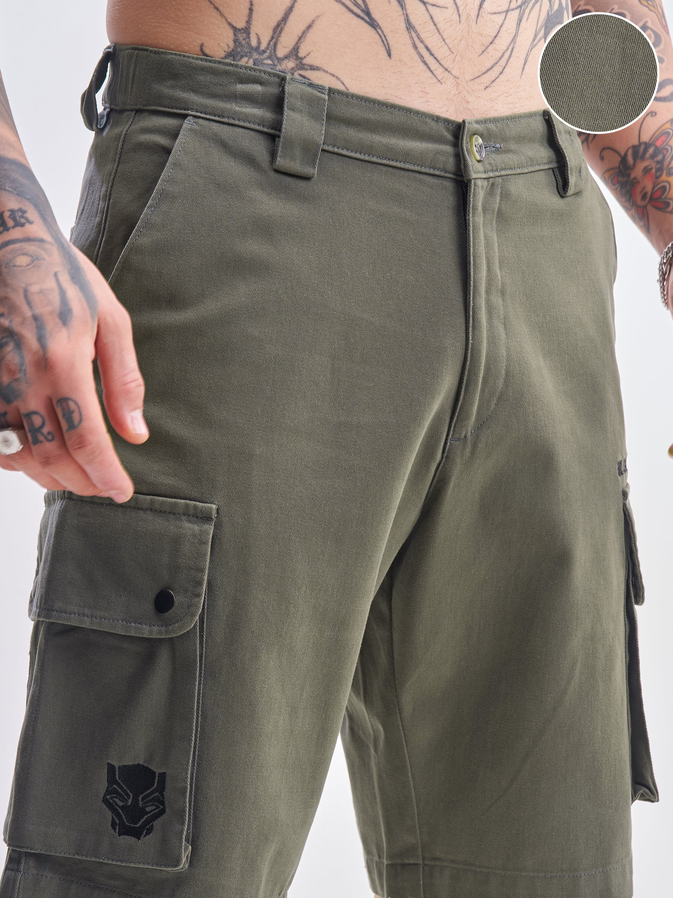 Marvel By Highlander Men Olive Black Panther Relaxed Fit Cargo Shorts - Olive - Image 5