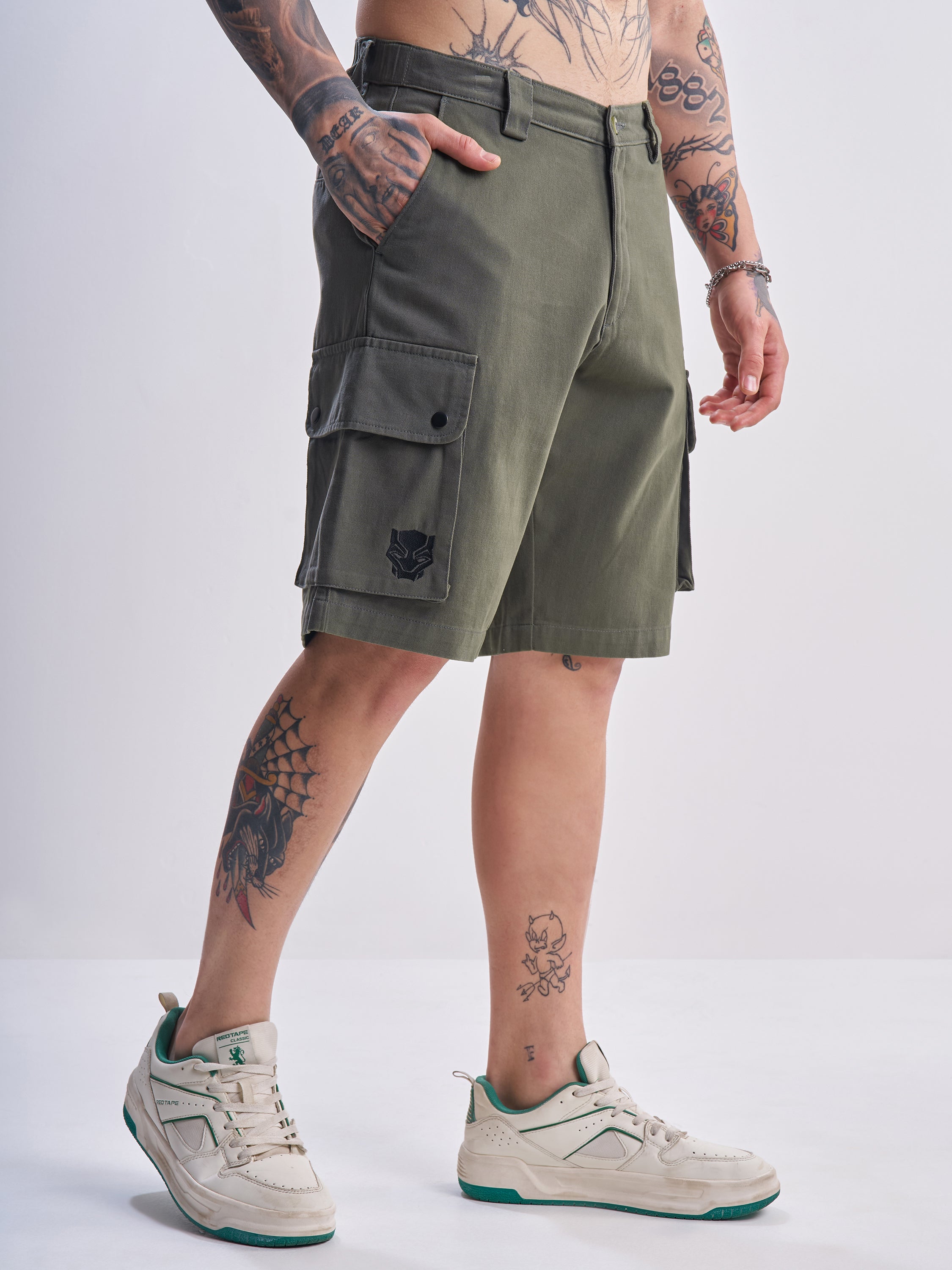 Marvel By Highlander Men Olive Black Panther Relaxed Fit Cargo Shorts - Olive - Image 6