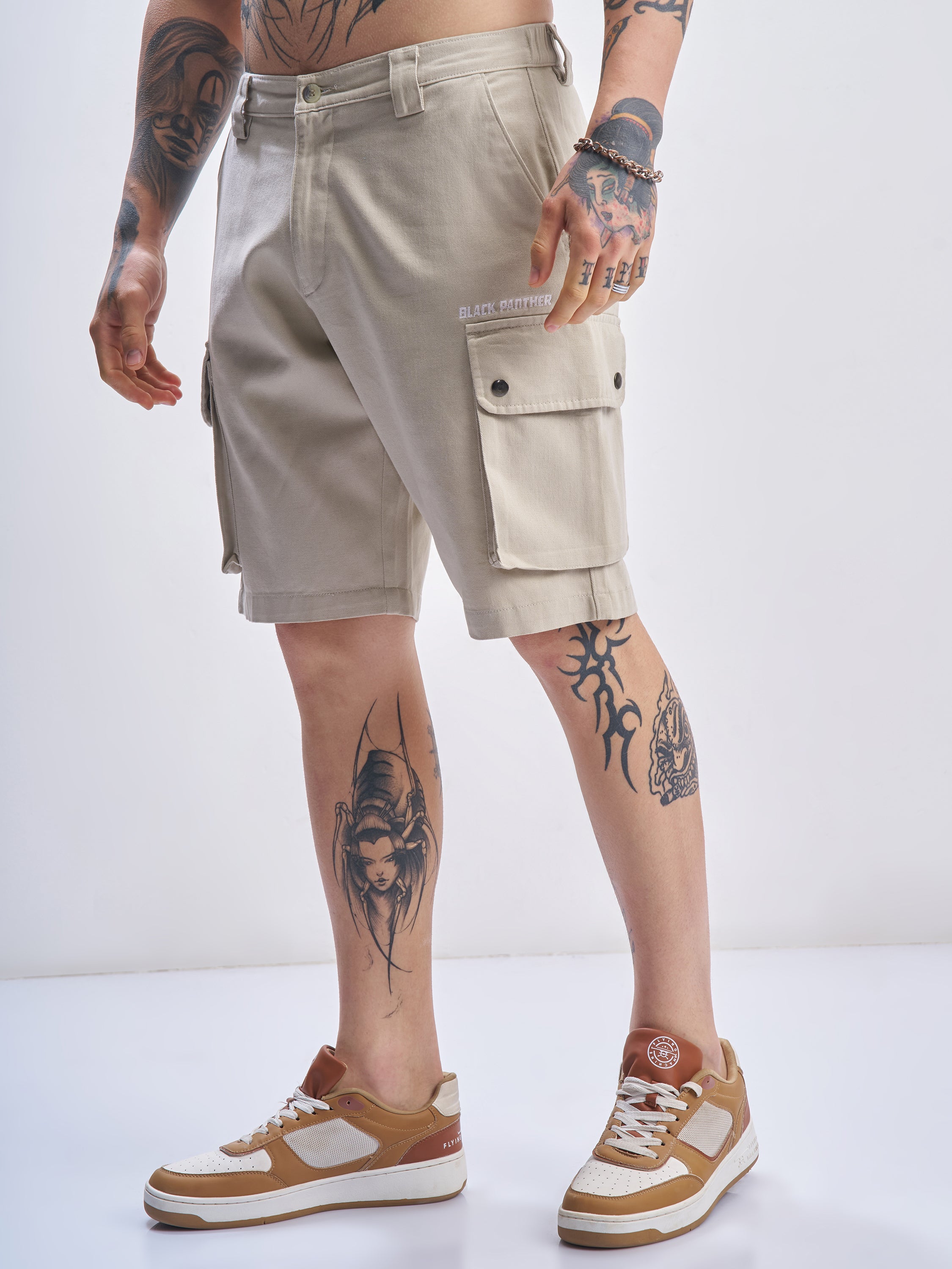 Marvel By Highlander Men Beige Black Panther Relaxed Fit Cargo Shorts - Beige - Image 4