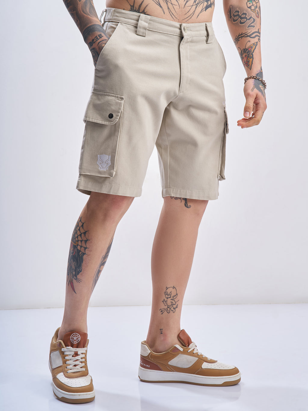 Marvel By Highlander Men Beige Black Panther Relaxed Fit Cargo Shorts - Beige - Image 6
