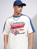 Pixar By Highlander Men White Cars Printed Round Neck Oversized Fit T-Shirt - White - Image 1