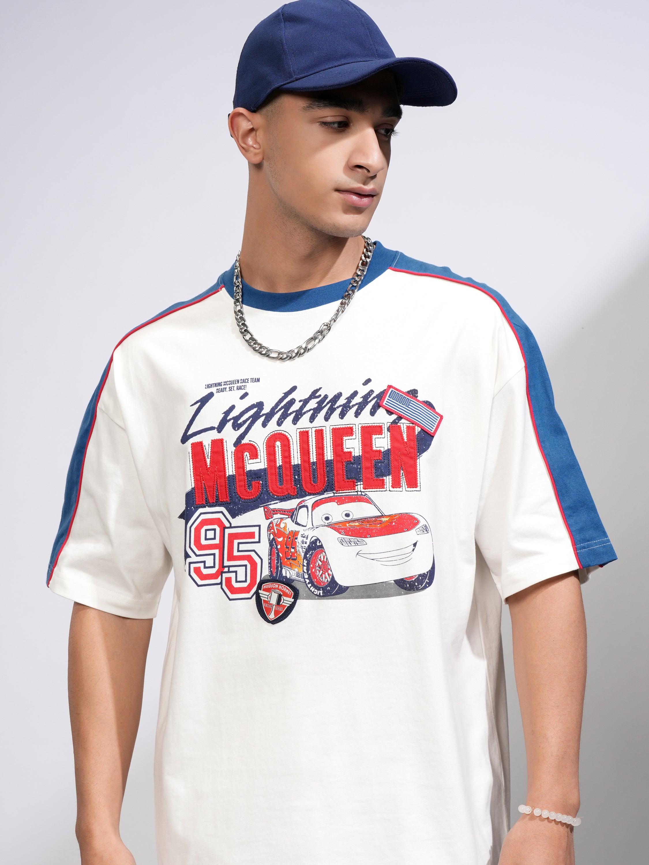 Pixar By Highlander Men White Cars Printed Round Neck Oversized Fit T-Shirt - White - Image 1