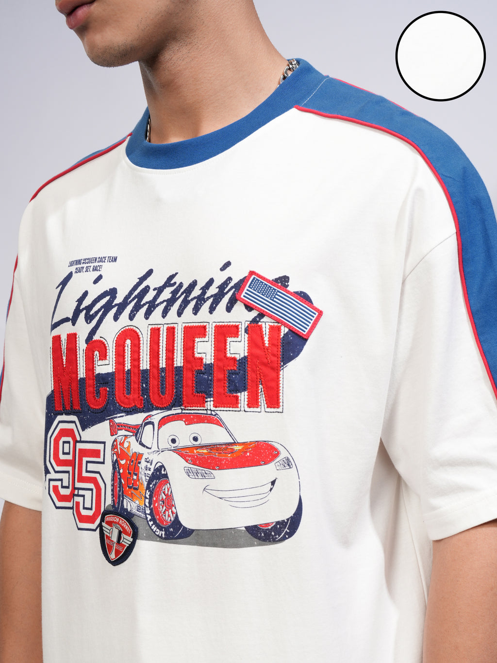 Pixar By Highlander Men White Cars Printed Round Neck Oversized Fit T-Shirt - White - Image 5