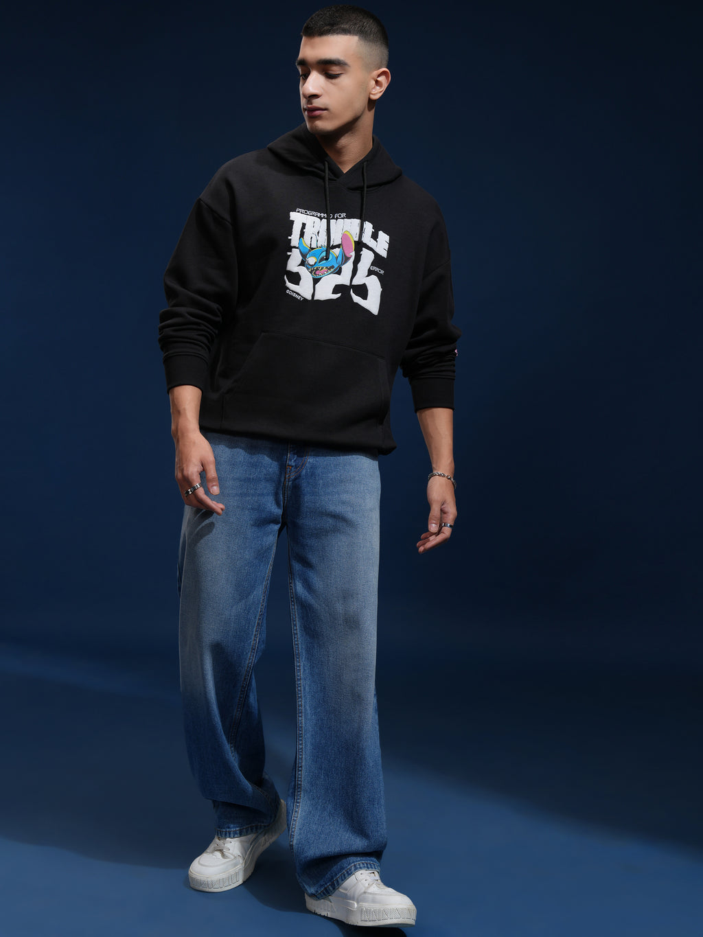 Disney By Highlander Men Black Stitch Hooded Pullover Sweatshirt - Black - Image 2