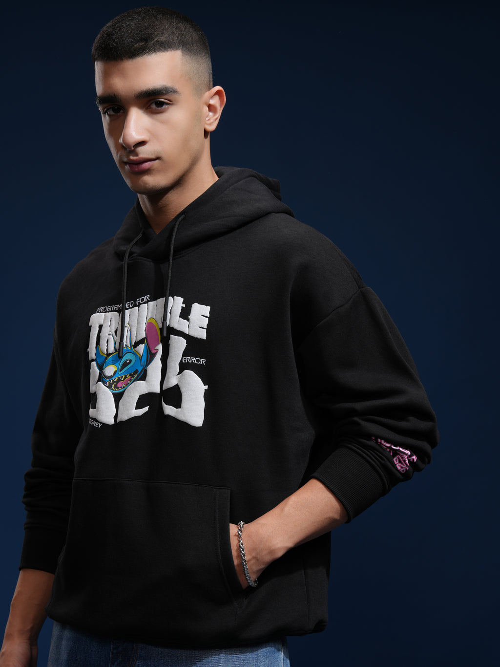 Disney By Highlander Men Black Stitch Hooded Pullover Sweatshirt - Black - Image 4