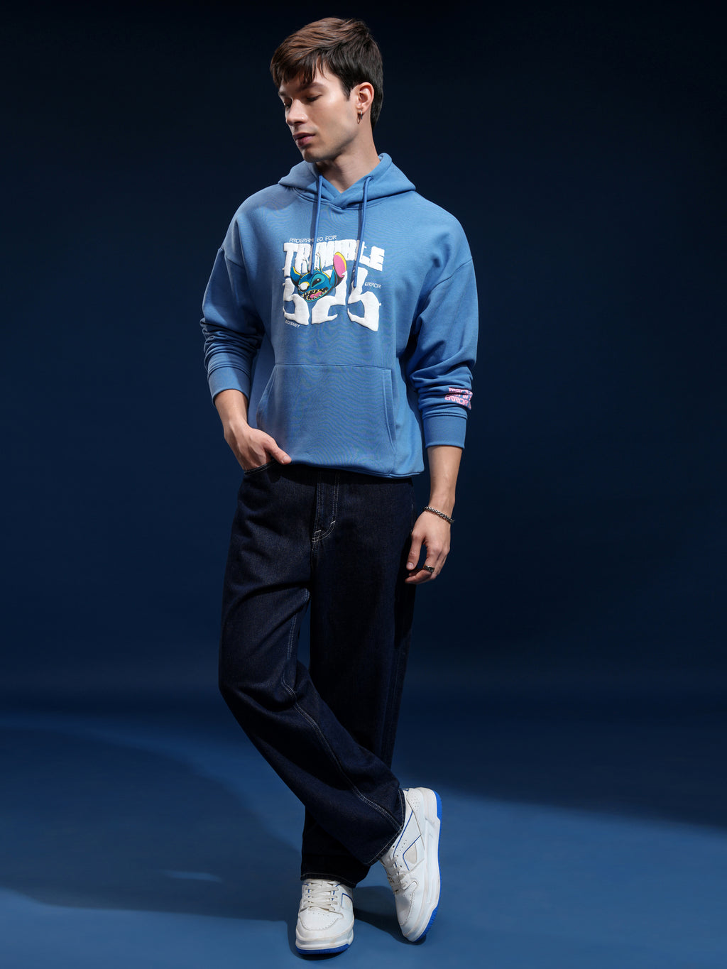 Disney By Highlander Men Blue Stitch Hooded Pullover Sweatshirt - Blue - Image 2