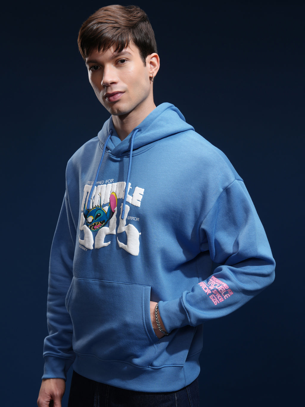 Disney By Highlander Men Blue Stitch Hooded Pullover Sweatshirt - Blue - Image 4