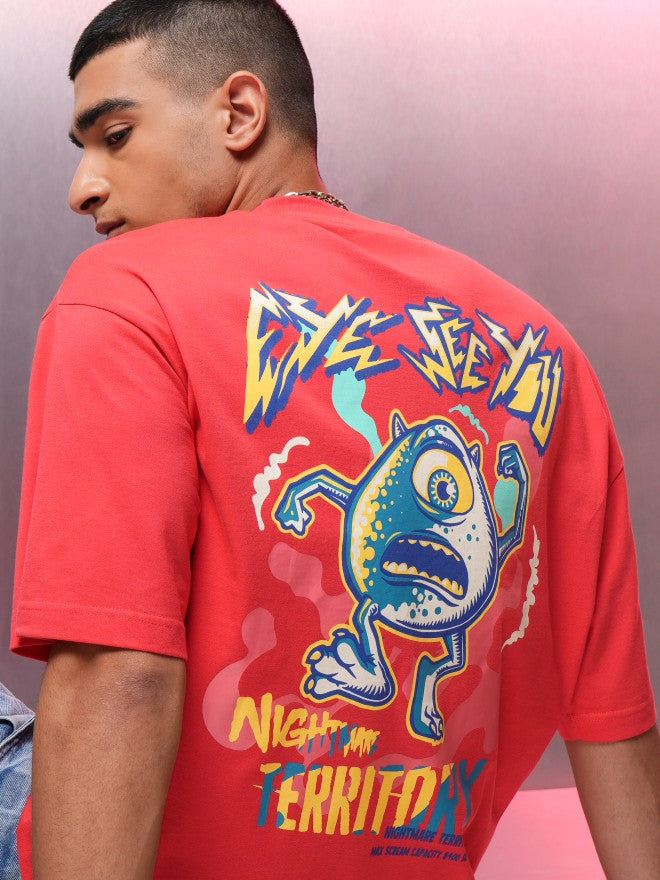 Disney By Highlander Men Red Monster Inc. Printed Round Neck Oversized Fit T-Shirt - Red - Image 1