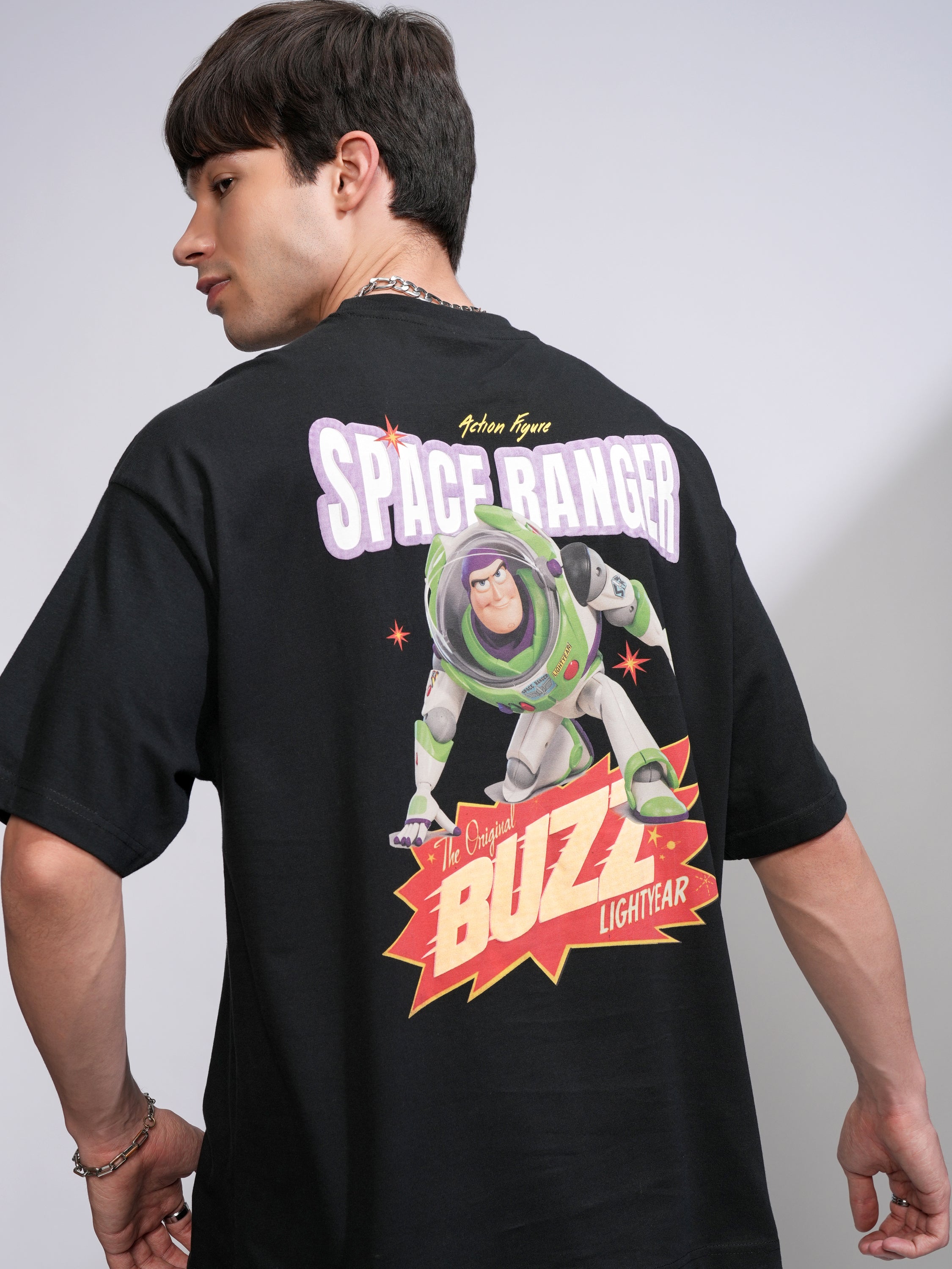 Disney By Highlander Men Black Buzz Lightyear Printed Round Neck Oversized Fit T-Shirt - Black - Image 1