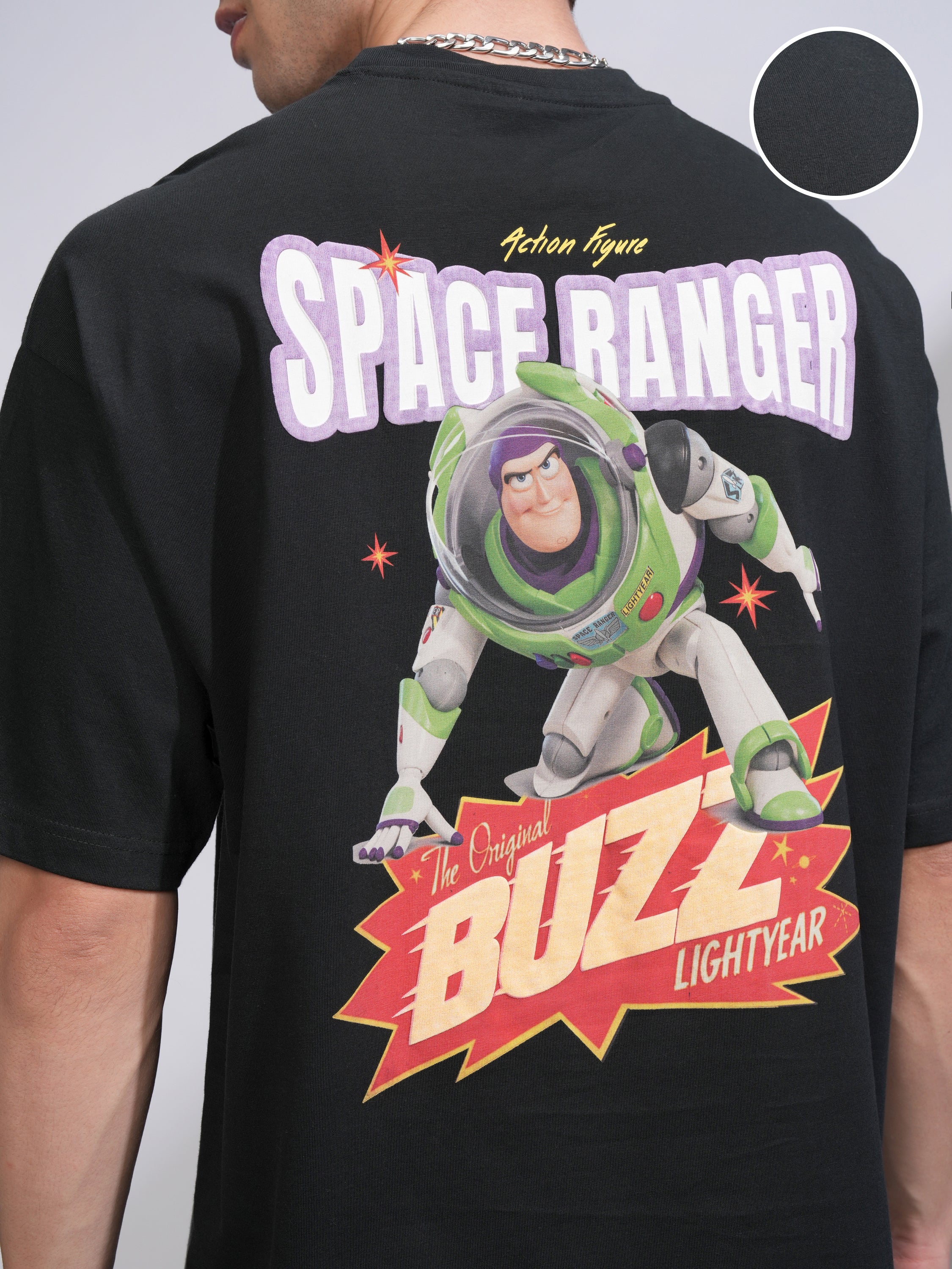 Disney By Highlander Men Black Buzz Lightyear Printed Round Neck Oversized Fit T-Shirt - Black - Image 5