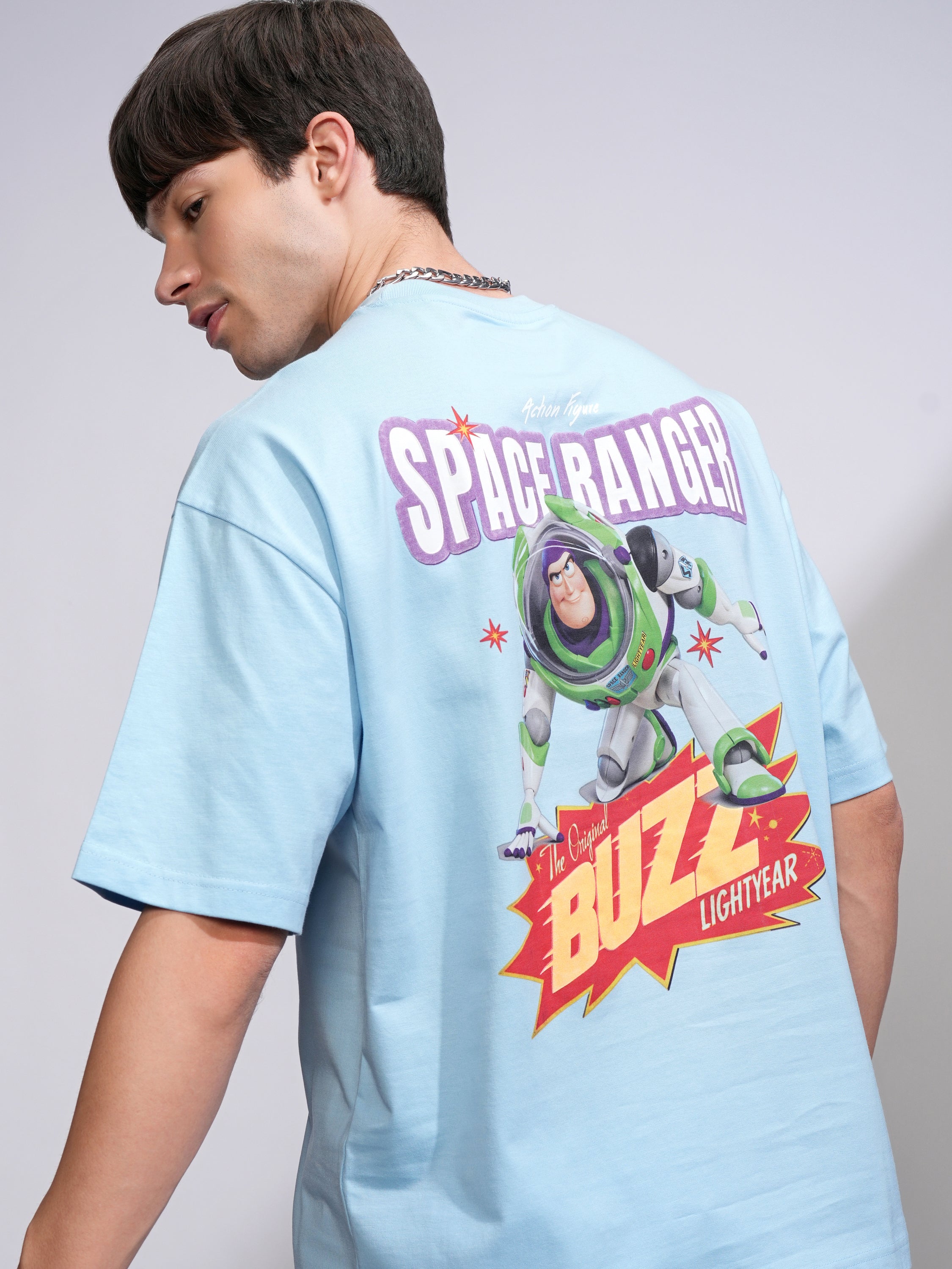 Disney By Highlander Men Blue Buzz Lightyear Printed Round Neck Oversized Fit T-Shirt - Blue - Image 1