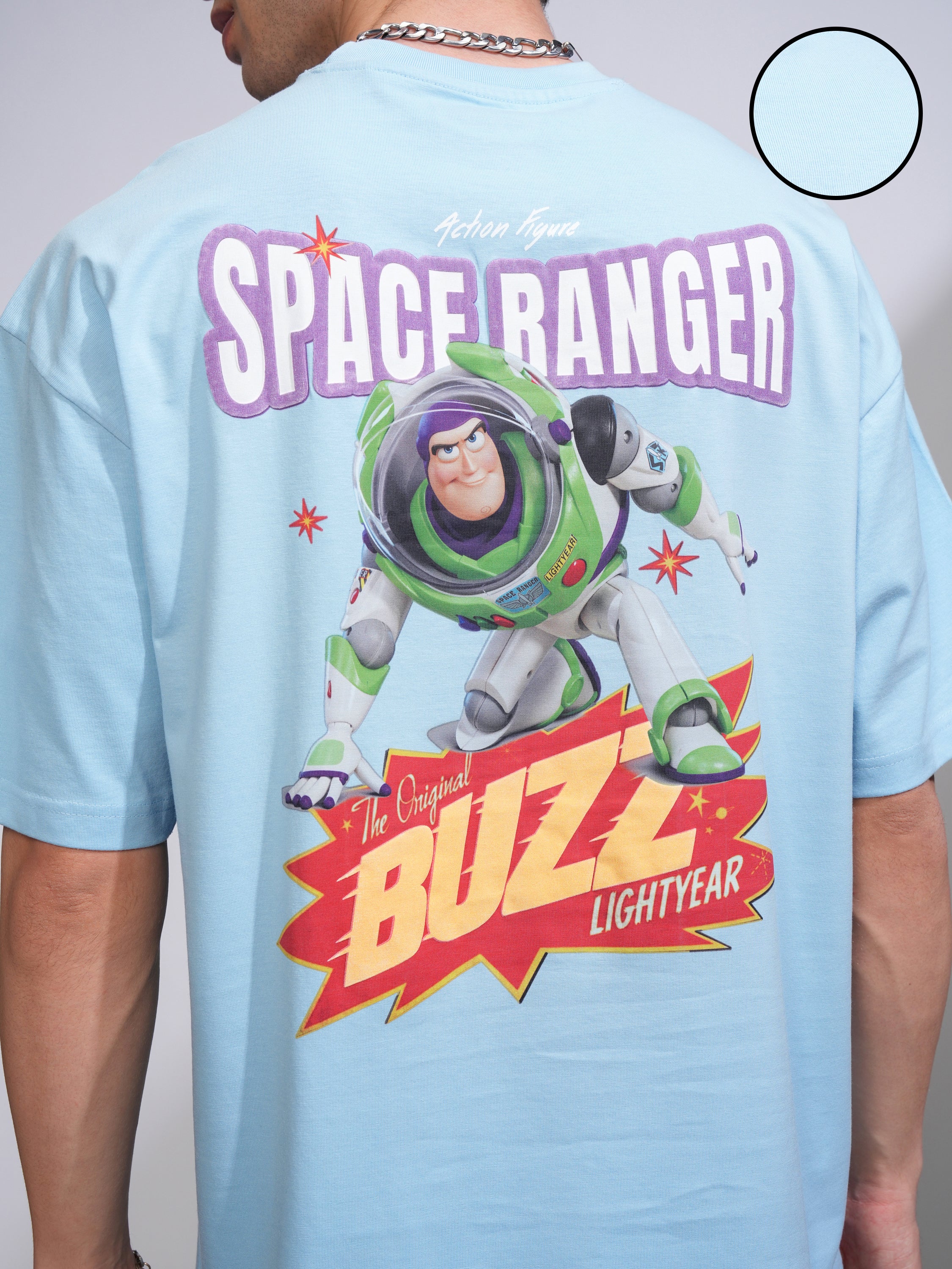Disney By Highlander Men Blue Buzz Lightyear Printed Round Neck Oversized Fit T-Shirt - Blue - Image 5