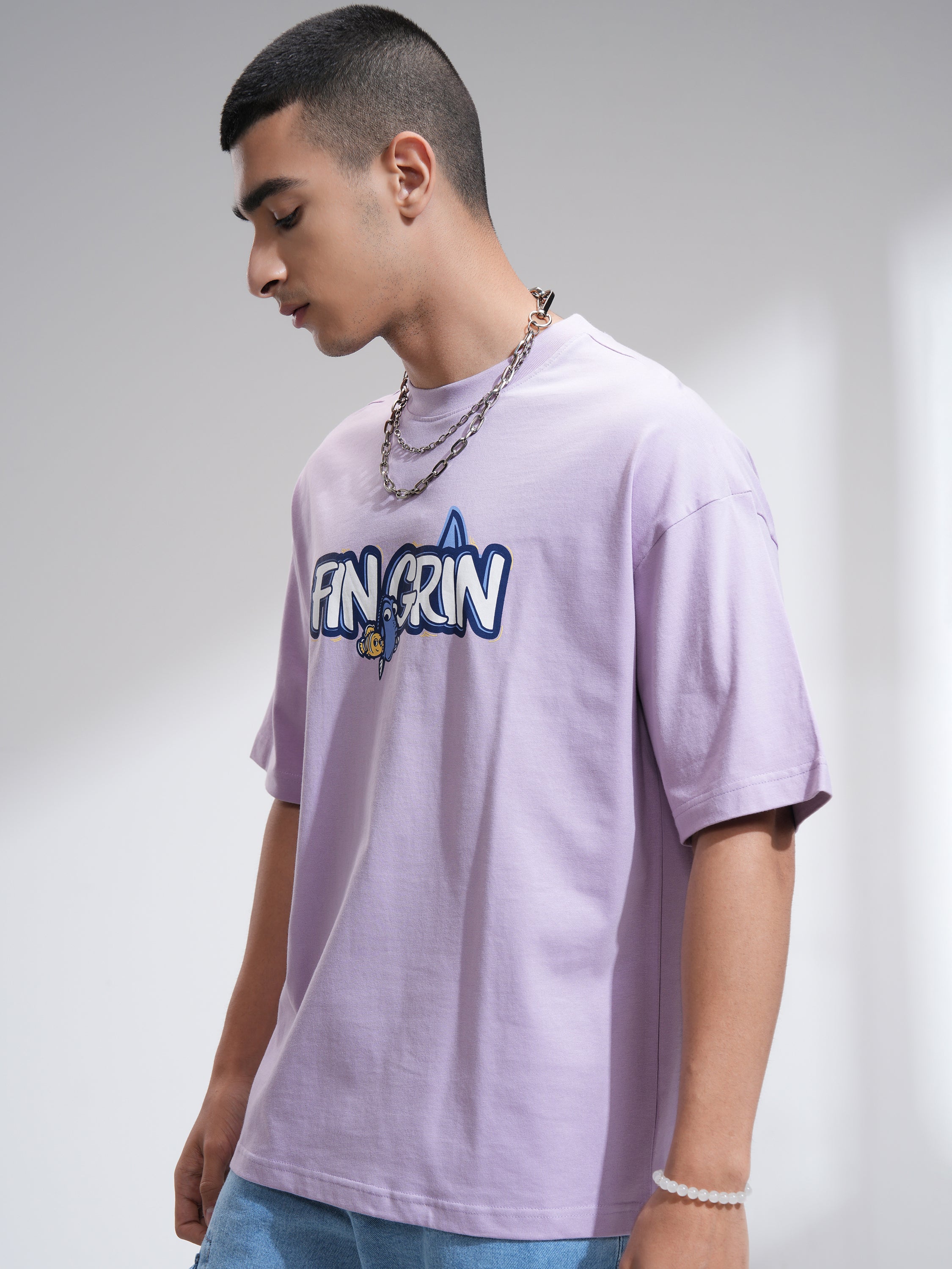 Pixar By Highlander Men Mauve Fin Grin Printed Round Neck Oversized Fit T-Shirt - Mauve - Image 4