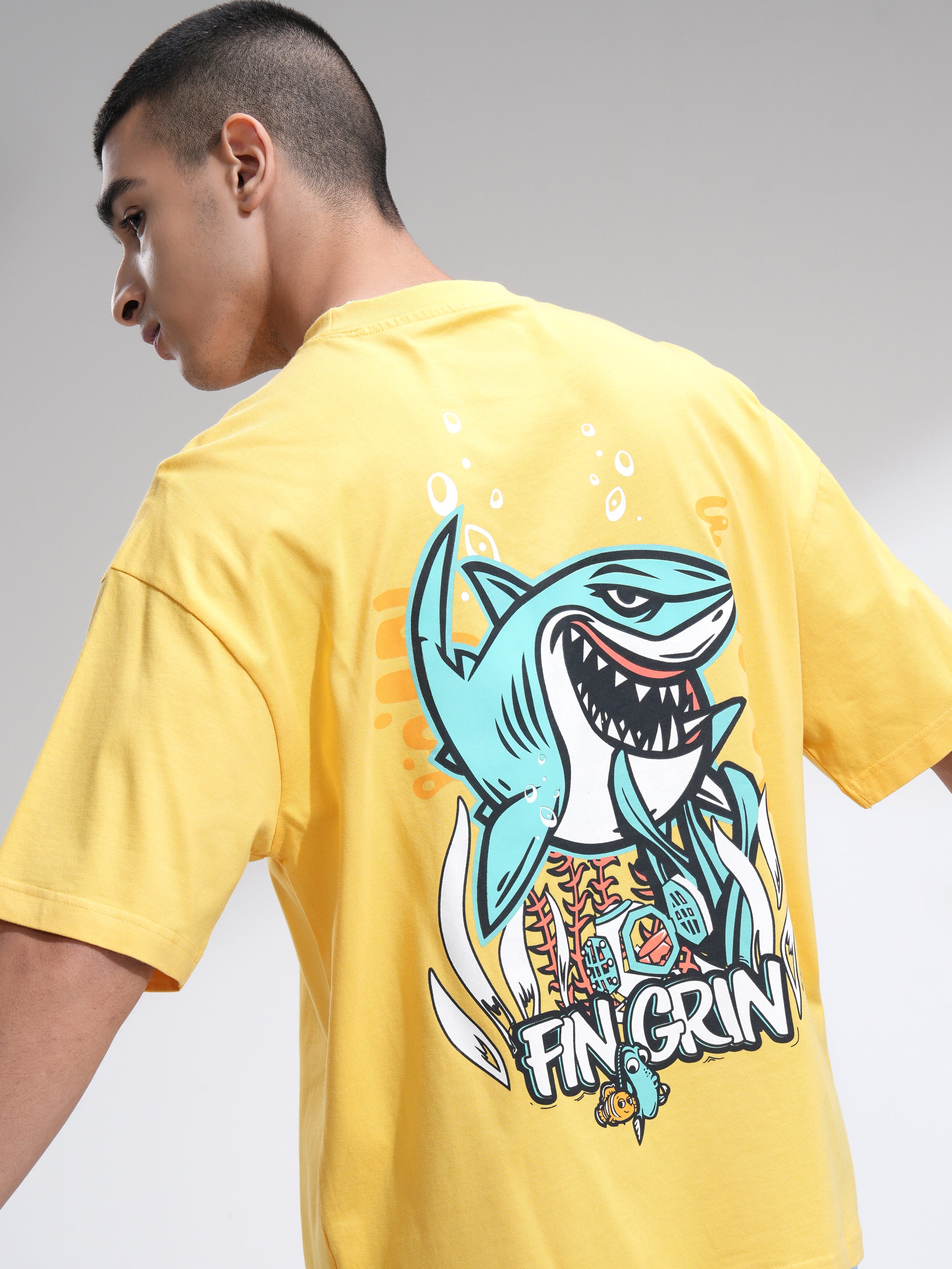 Pixar By Highlander Men Yellow Fin Grin Printed Round Neck Oversized Fit T-Shirt - Yellow - Image 1