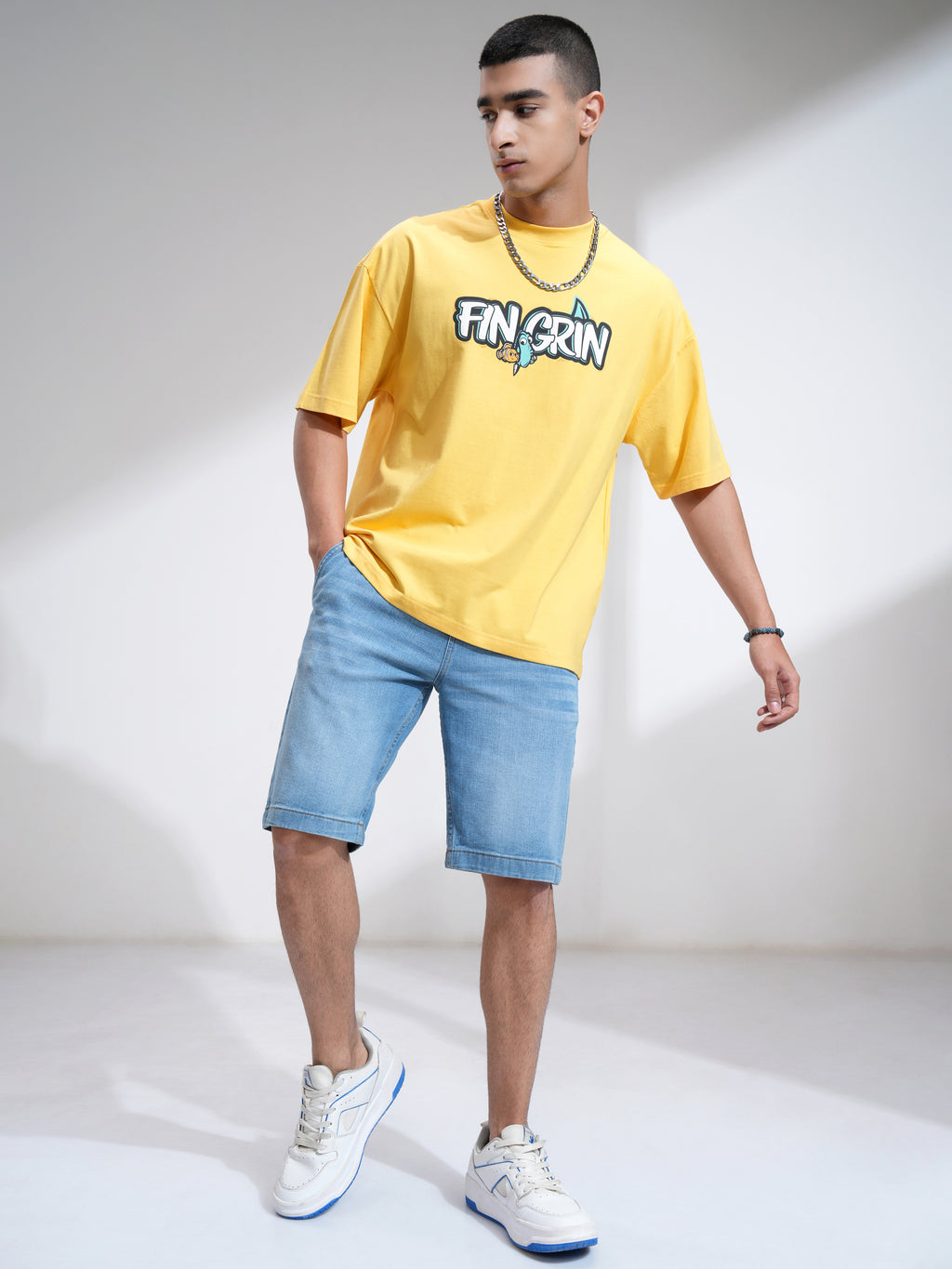Pixar By Highlander Men Yellow Fin Grin Printed Round Neck Oversized Fit T-Shirt - Yellow - Image 2