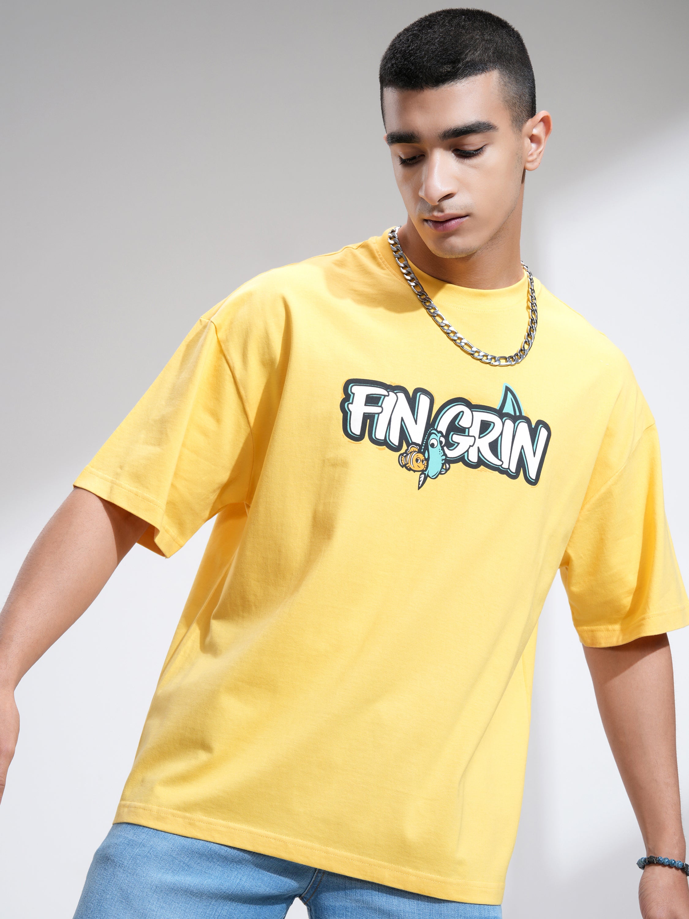 Pixar By Highlander Men Yellow Fin Grin Printed Round Neck Oversized Fit T-Shirt - Yellow - Image 3