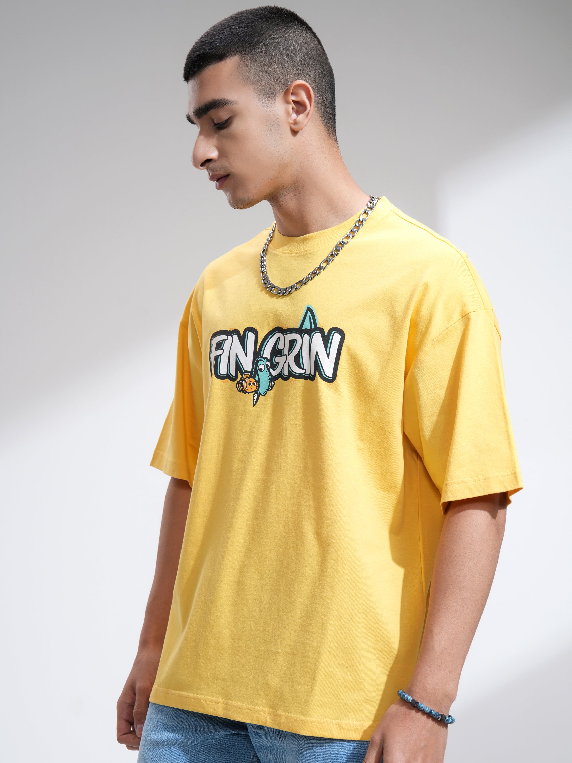 Pixar By Highlander Men Yellow Fin Grin Printed Round Neck Oversized Fit T-Shirt - Yellow - Image 4