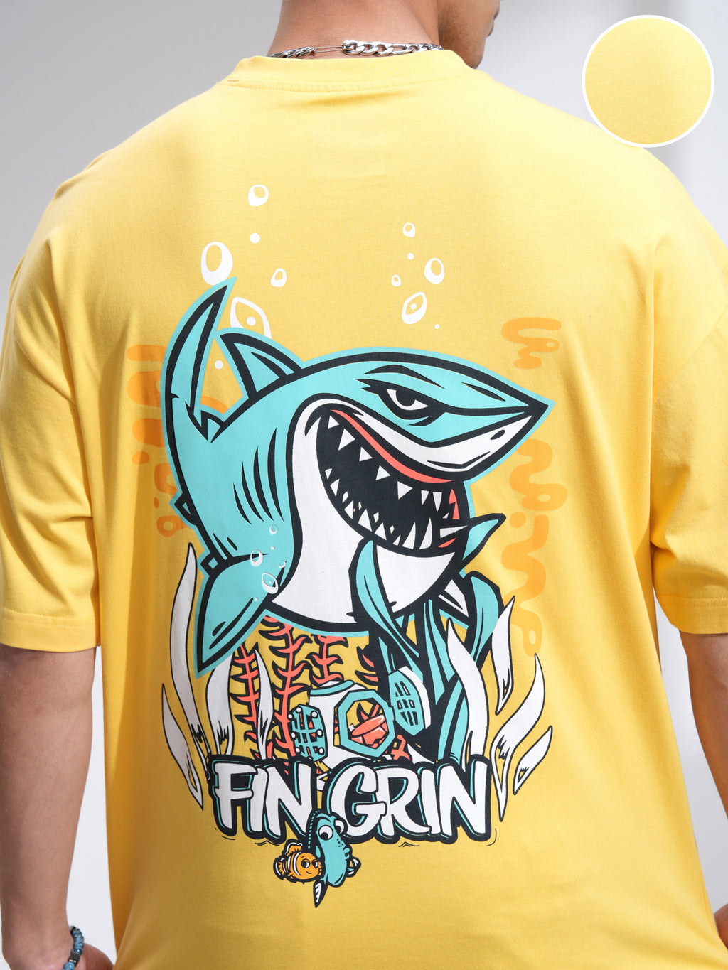 Pixar By Highlander Men Yellow Fin Grin Printed Round Neck Oversized Fit T-Shirt - Yellow - Image 5