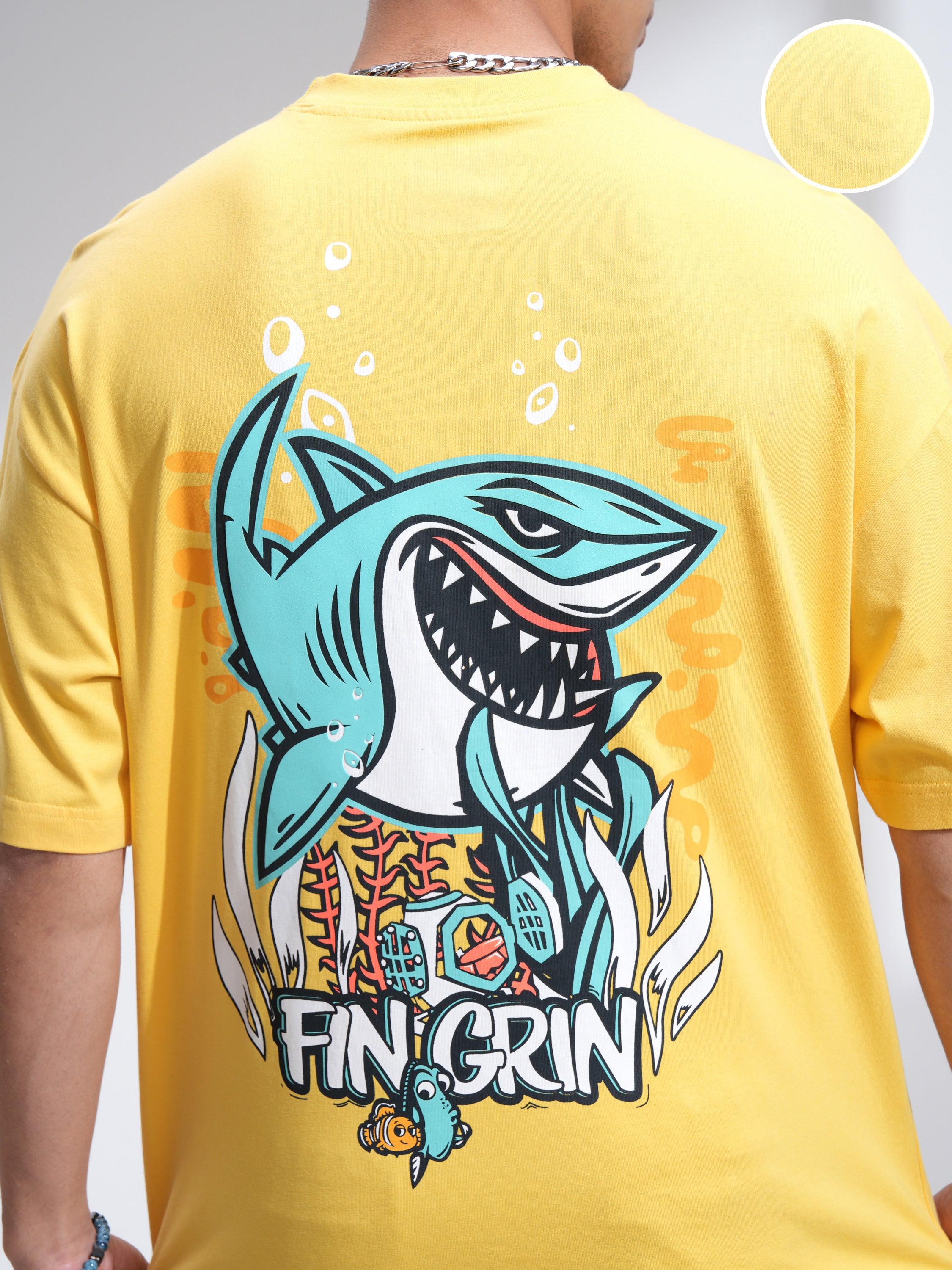 Pixar By Highlander Men Yellow Fin Grin Printed Round Neck Oversized Fit T-Shirt - Yellow - Image 5