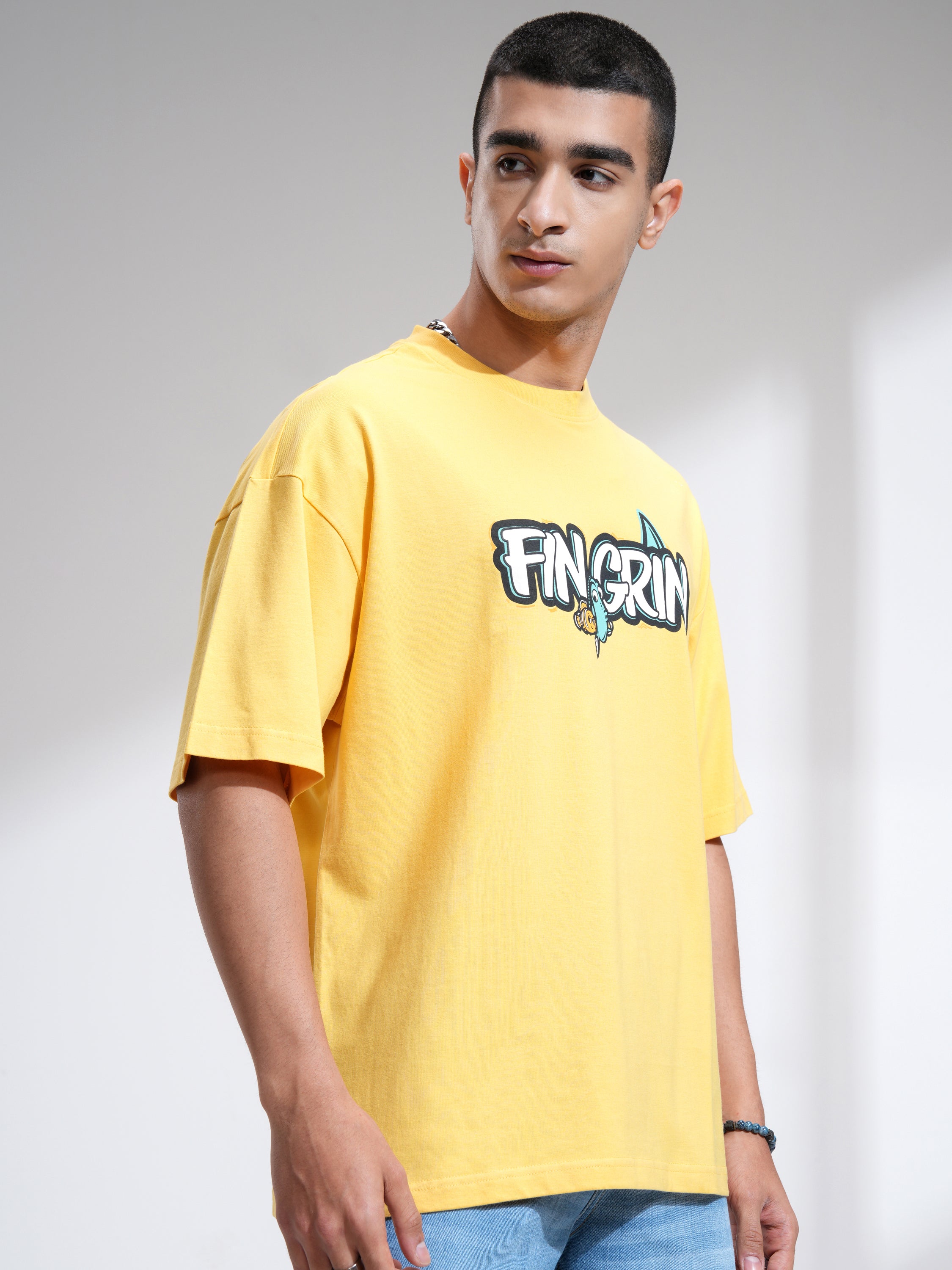 Pixar By Highlander Men Yellow Fin Grin Printed Round Neck Oversized Fit T-Shirt - Yellow - Image 6