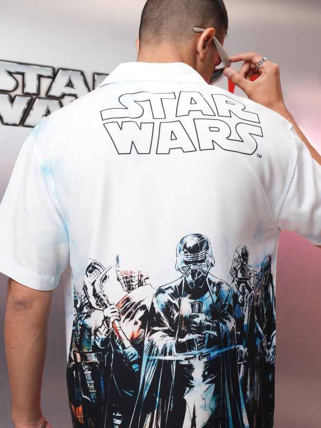 Star Wars By Highlander Men White Darth Vader Printed Relaxed Fit Casual Shirt - White - Image 1