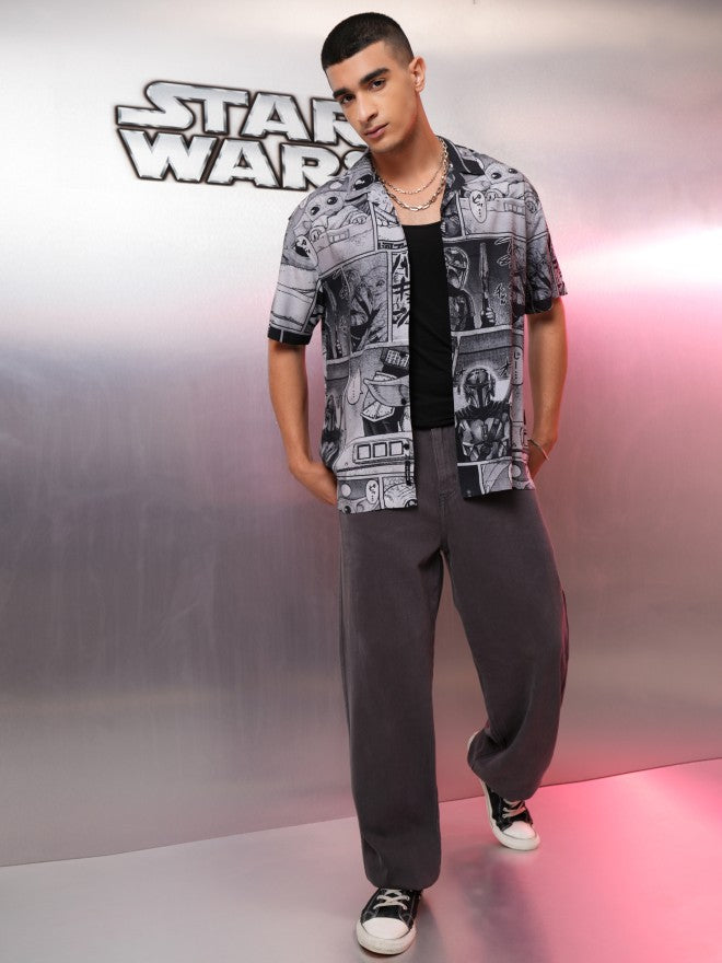 Star Wars By Highlander Men Grey Darth Vader And Grogu Printed Relaxed Fit Casual Shirt - Grey - Image 2