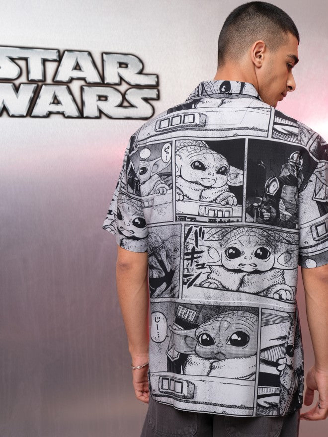 Star Wars By Highlander Men Grey Darth Vader And Grogu Printed Relaxed Fit Casual Shirt - Grey - Image 3