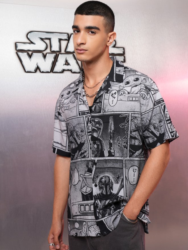 Star Wars By Highlander Men Grey Darth Vader And Grogu Printed Relaxed Fit Casual Shirt - Grey - Image 4