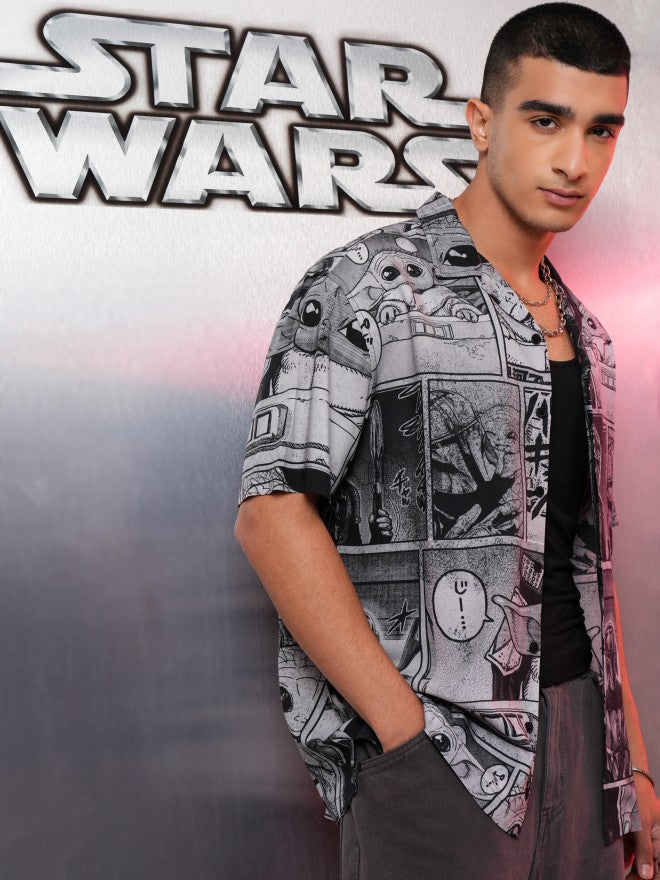 Star Wars By Highlander Men Grey Darth Vader And Grogu Printed Relaxed Fit Casual Shirt - Grey - Image 6