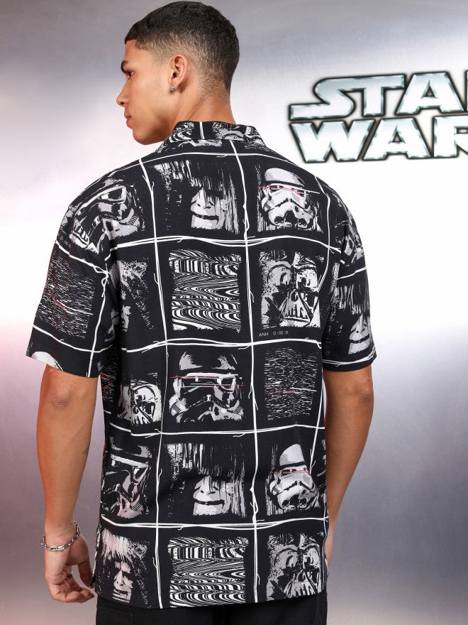 Star Wars By Highlander Men Black Darth Vader And Chewbacca Printed Relaxed Fit Casual Shirt - Black - Image 1