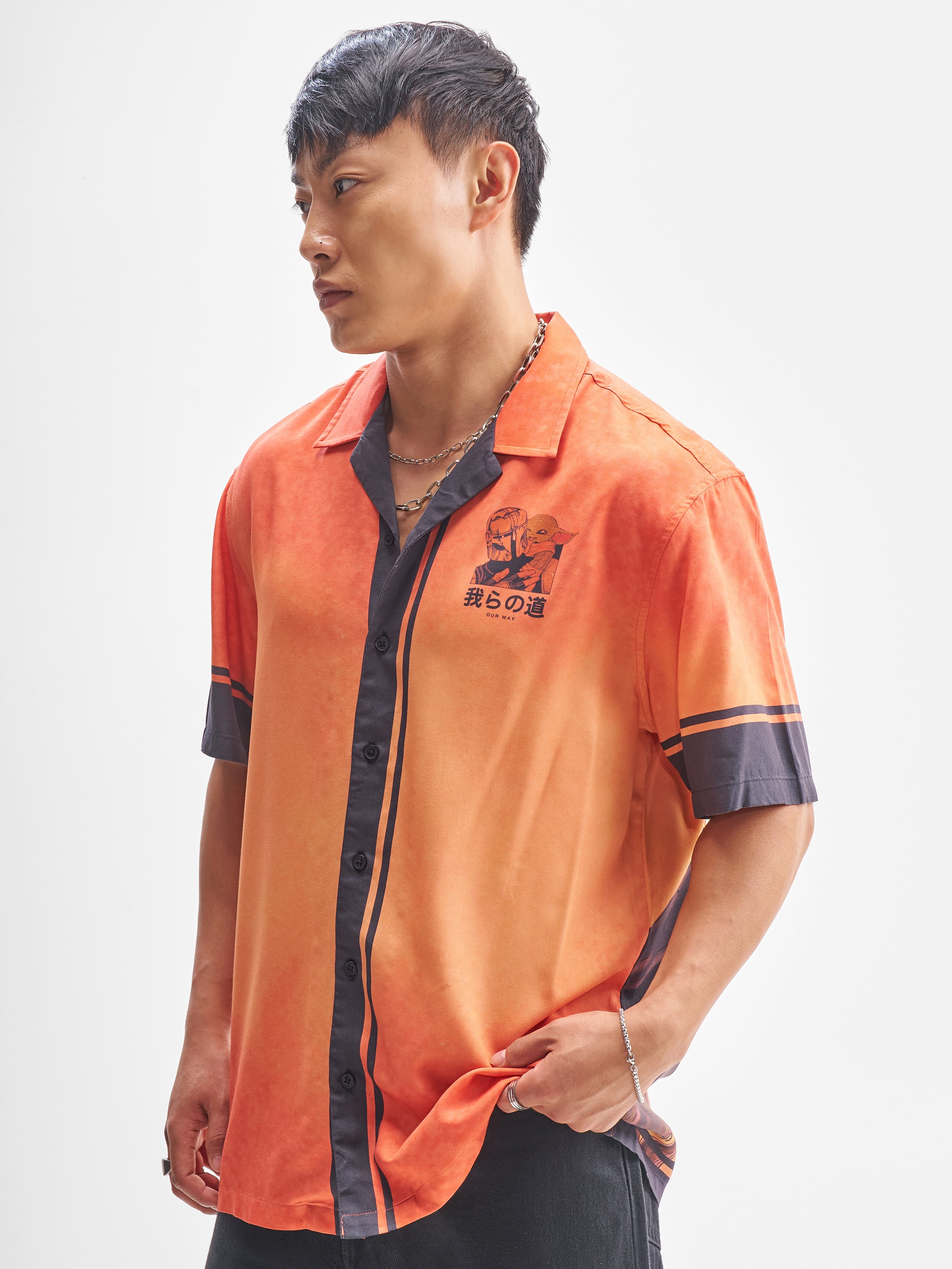 Star Wars By Highlander Men Orange The Mandalorian And Grogu Printed Relaxed Fit Casual Shirt - Orange - Image 4
