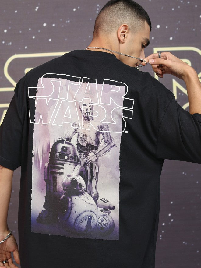 Star Wars By Highlander Men Black R2-D2 And C-3PO Printed Round Neck Oversized Fit T-Shirt - Black - Image 1