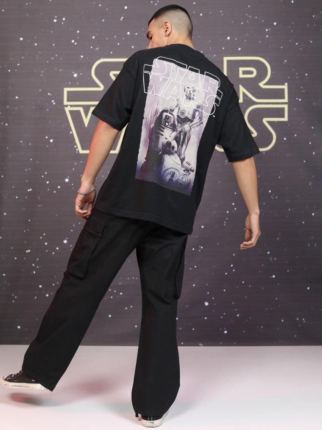 Star Wars By Highlander Men Black R2-D2 And C-3PO Printed Round Neck Oversized Fit T-Shirt - Black - Image 2