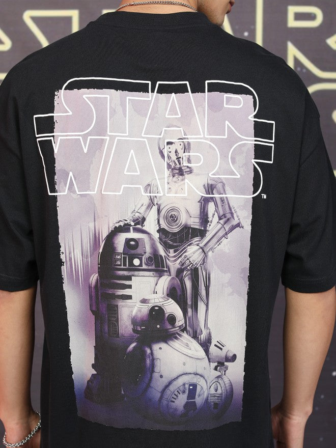 Star Wars By Highlander Men Black R2-D2 And C-3PO Printed Round Neck Oversized Fit T-Shirt - Black - Image 7