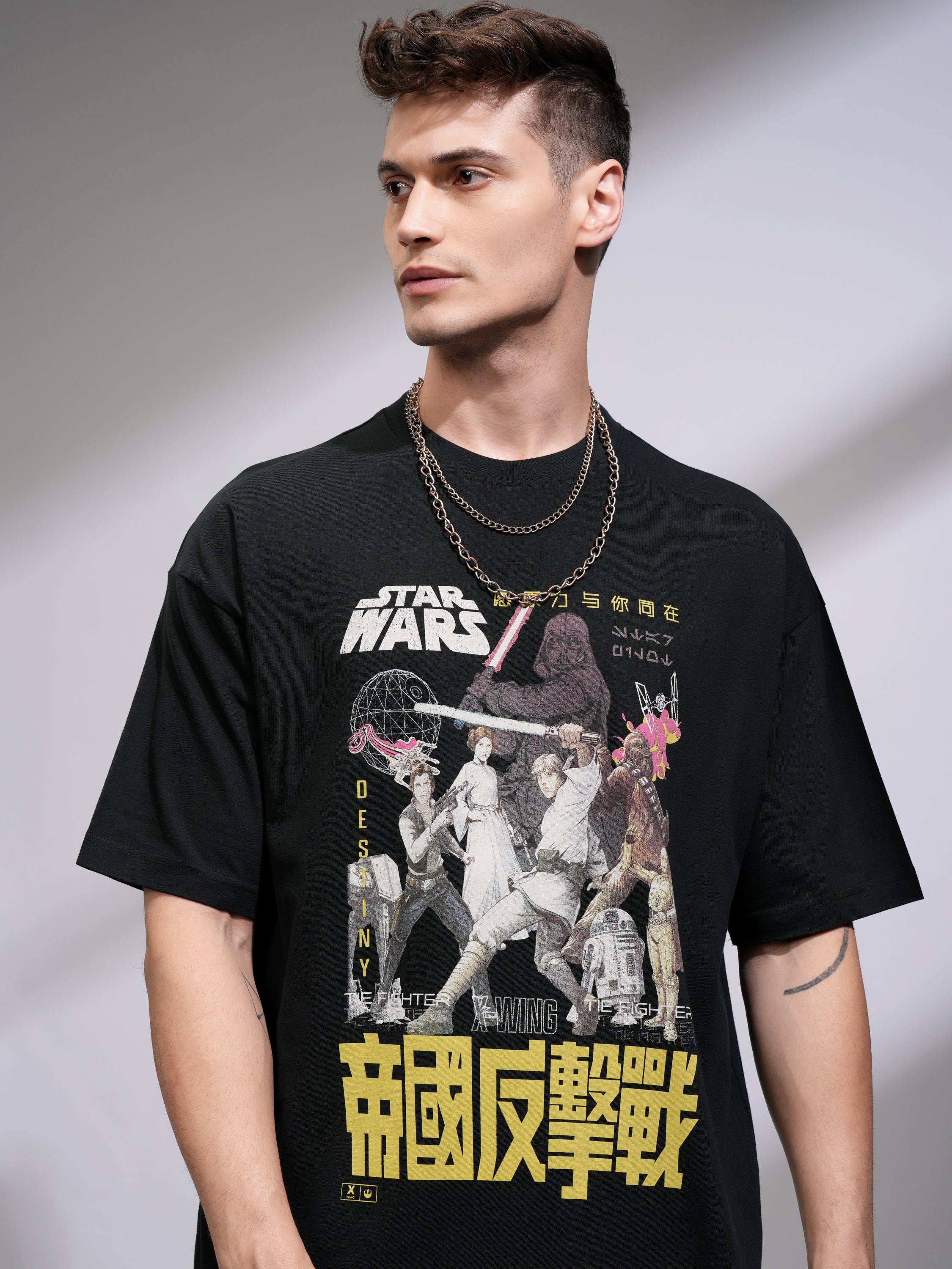 Highlander Men Black Star Wars Printed Round Neck Oversized Fit T-Shirt - Black - Image 1