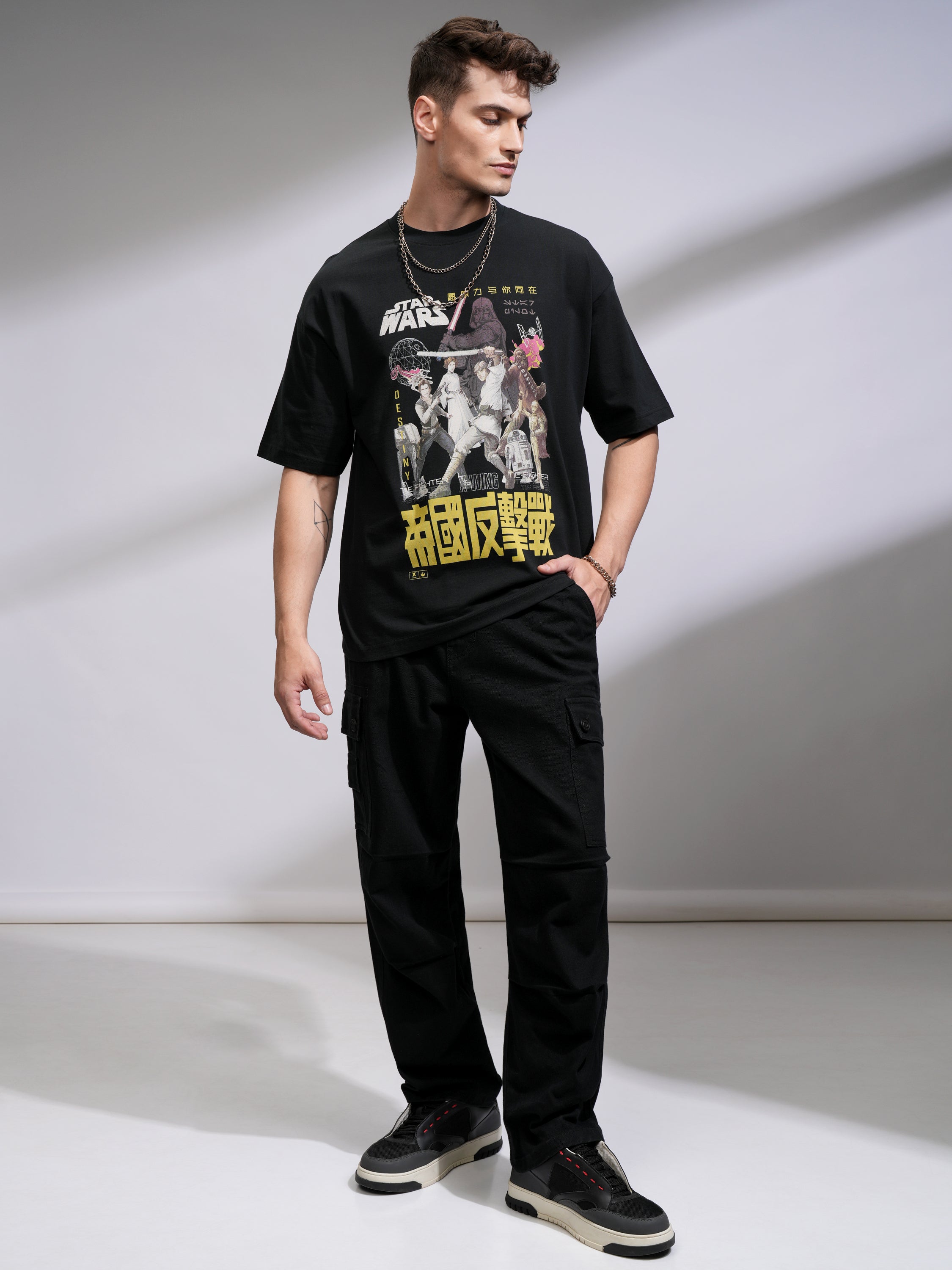 Highlander Men Black Star Wars Printed Round Neck Oversized Fit T-Shirt - Black - Image 2