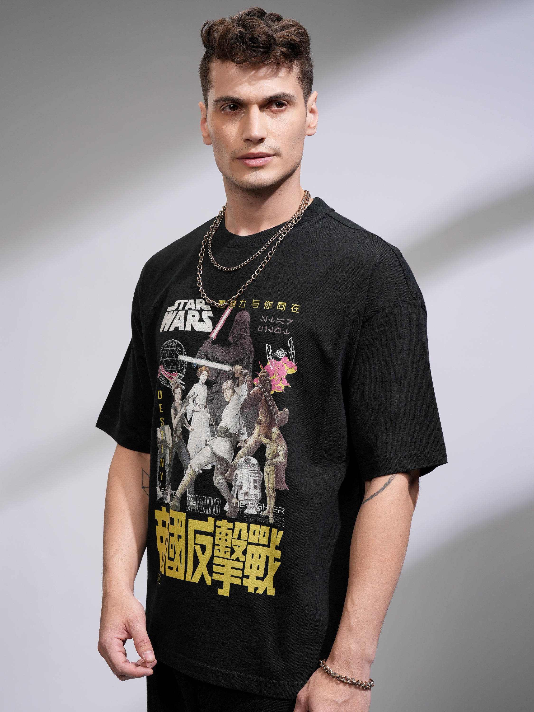 Highlander Men Black Star Wars Printed Round Neck Oversized Fit T-Shirt - Black - Image 4
