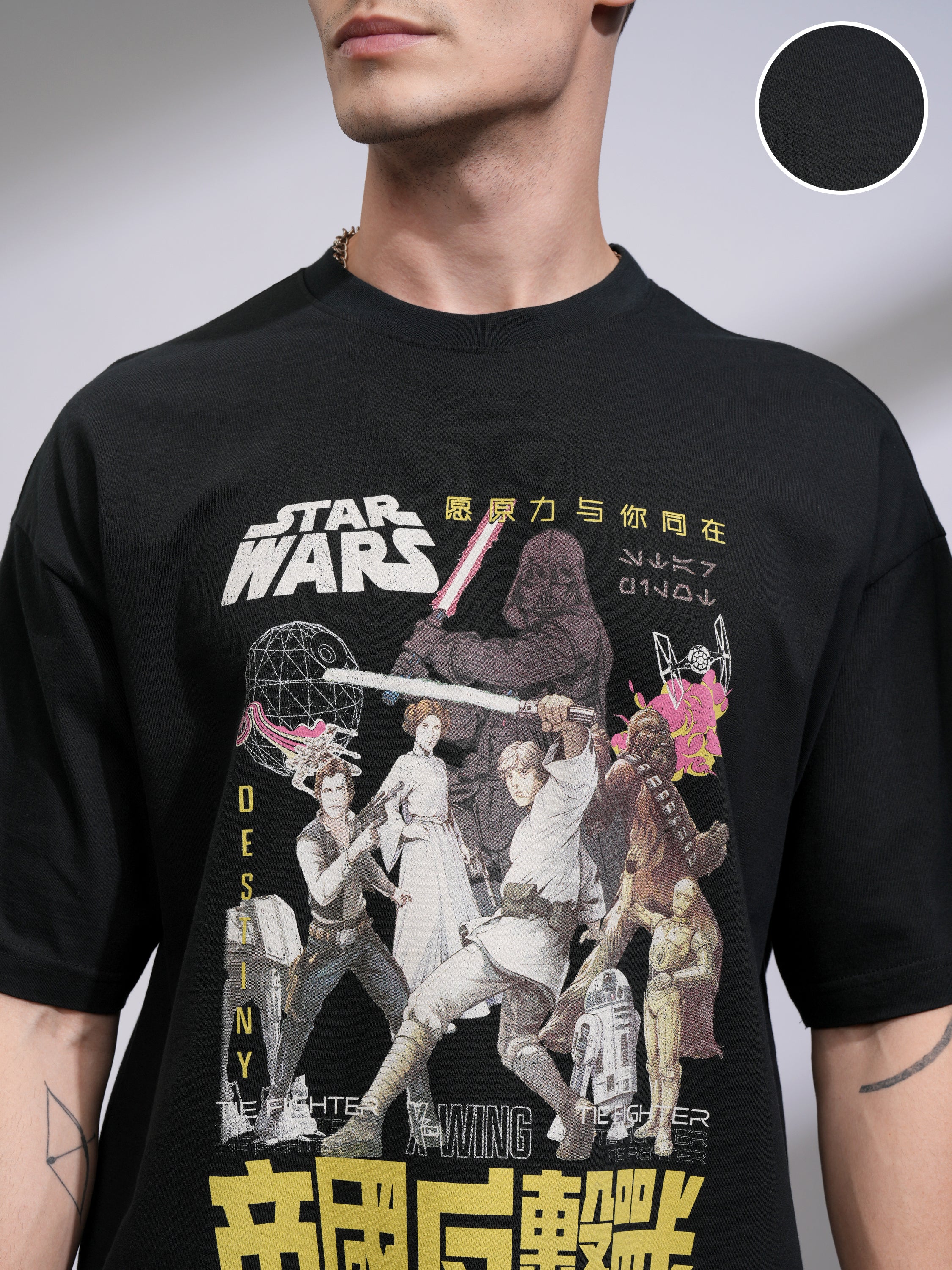 Highlander Men Black Star Wars Printed Round Neck Oversized Fit T-Shirt - Black - Image 5