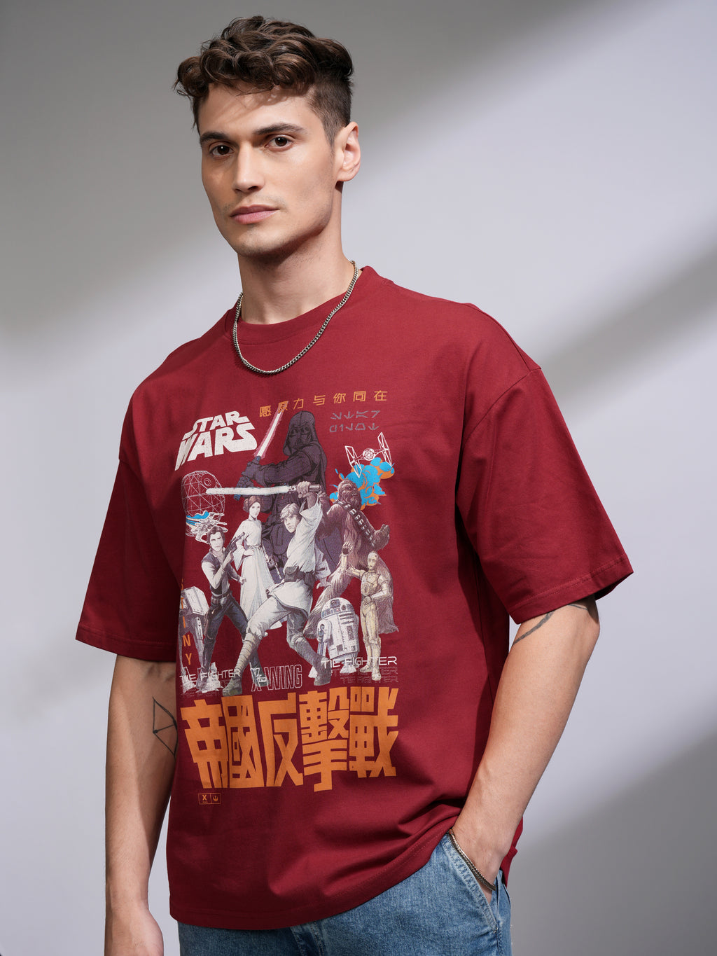 Highlander Men Maroon Star Wars Printed Round Neck Oversized Fit T-Shirt - Maroon - Image 4