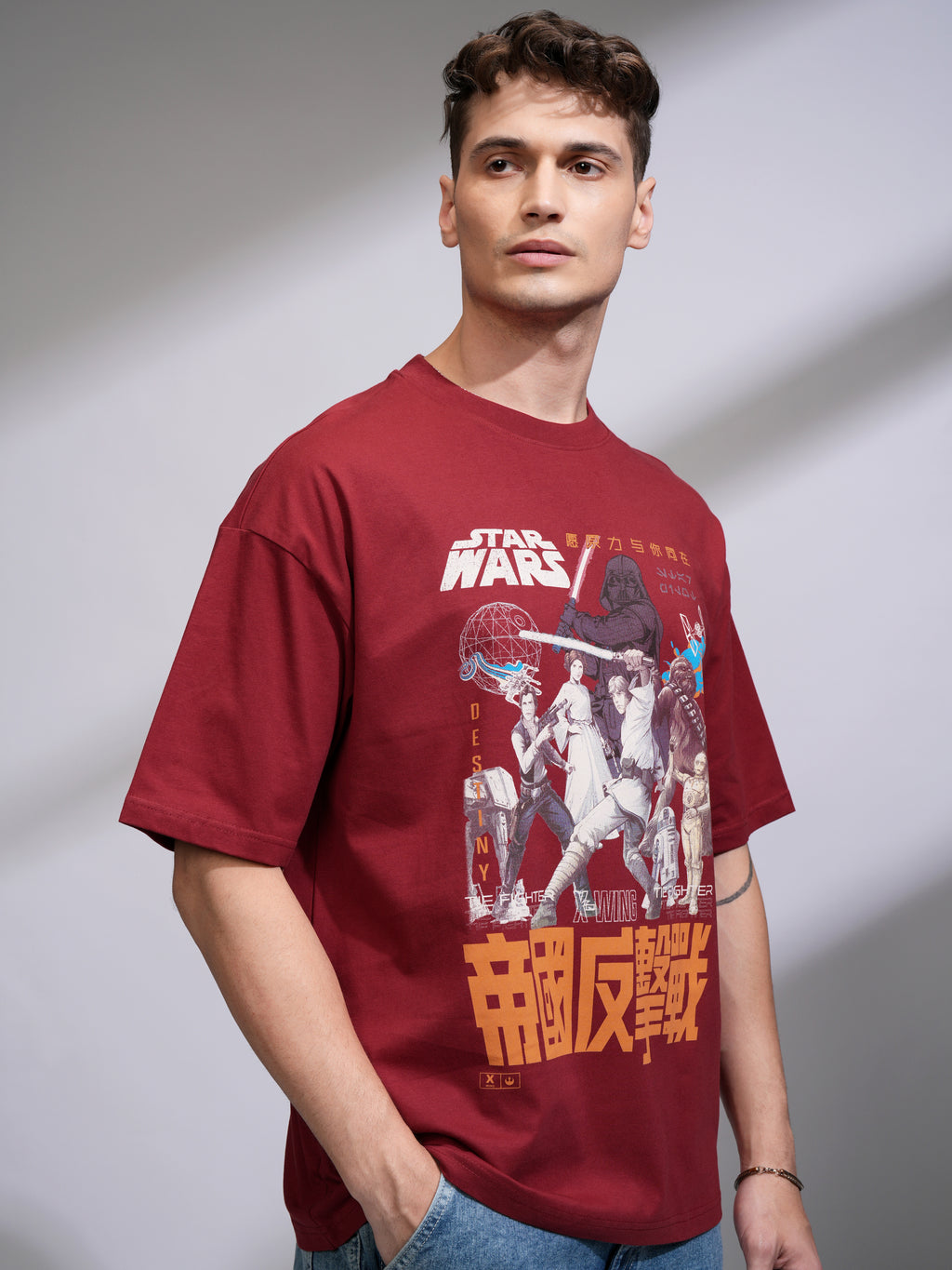 Highlander Men Maroon Star Wars Printed Round Neck Oversized Fit T-Shirt - Maroon - Image 6