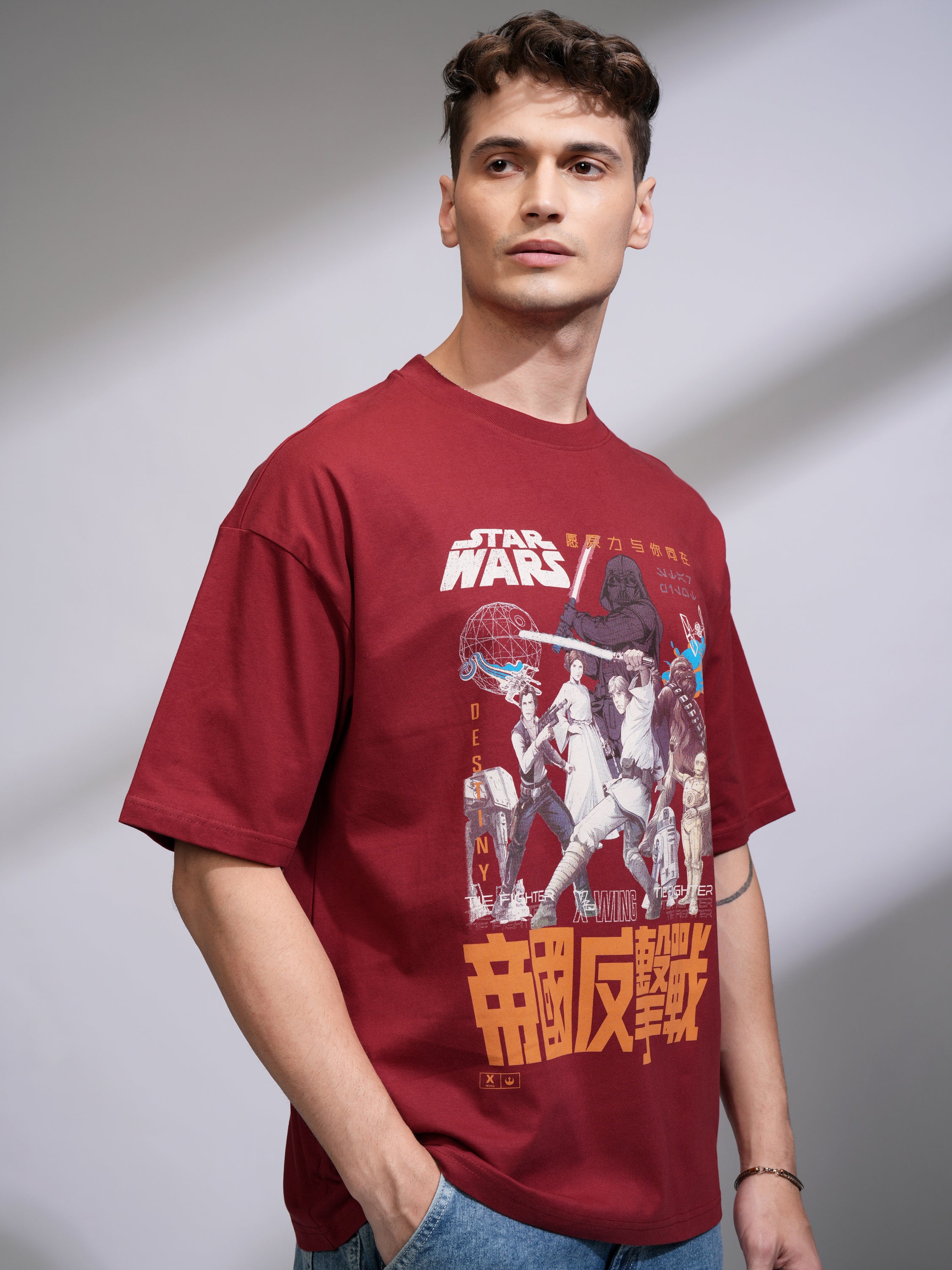 Highlander Men Maroon Star Wars Printed Round Neck Oversized Fit T-Shirt - Maroon - Image 6