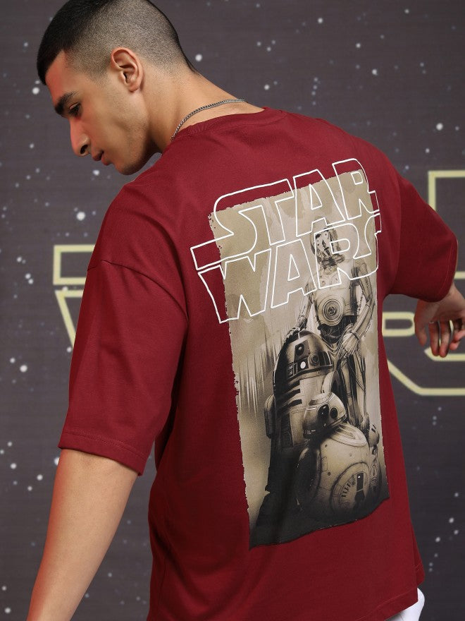 Star Wars By Highlander Men Maroon R2-D2 And C-3PO Printed Round Neck Oversized Fit T-Shirt - Maroon - Image 1