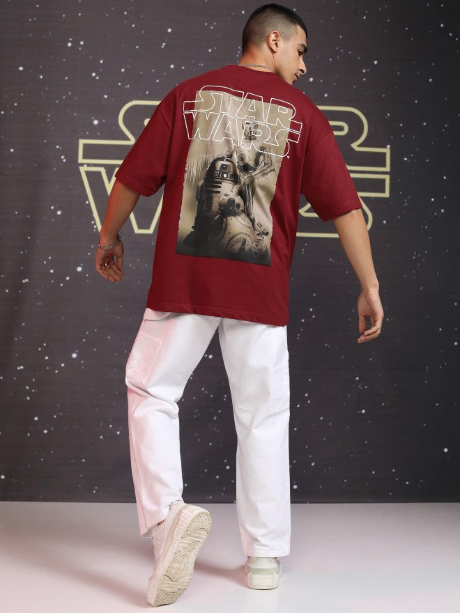 Star Wars By Highlander Men Maroon R2-D2 And C-3PO Printed Round Neck Oversized Fit T-Shirt - Maroon - Image 2