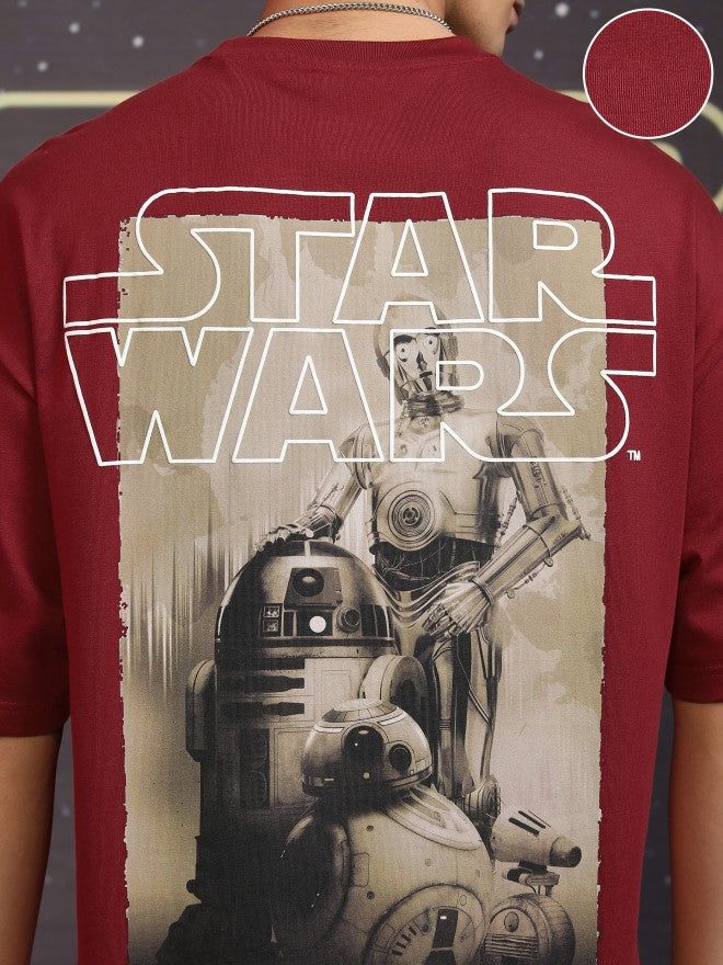 Star Wars By Highlander Men Maroon R2-D2 And C-3PO Printed Round Neck Oversized Fit T-Shirt - Maroon - Image 5